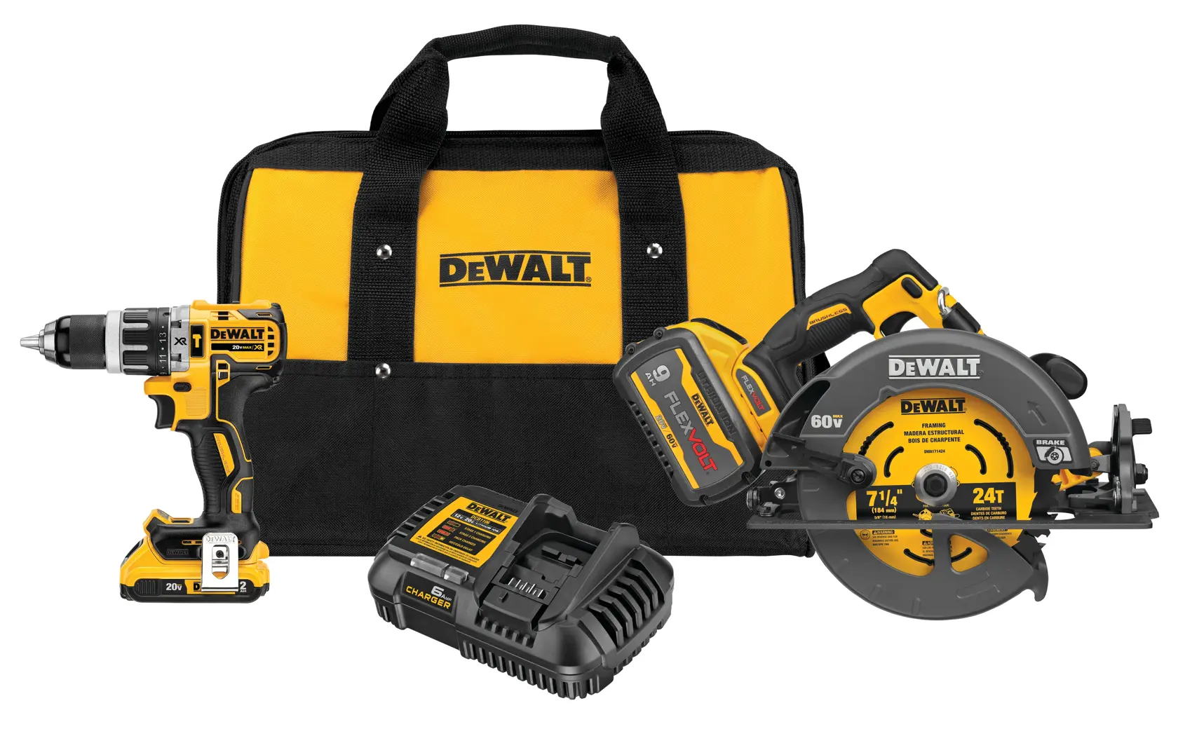 DEWALT tool set consisting of a yellow and black carrying bag, a cordless drill, a circular saw, a battery, and a charger.