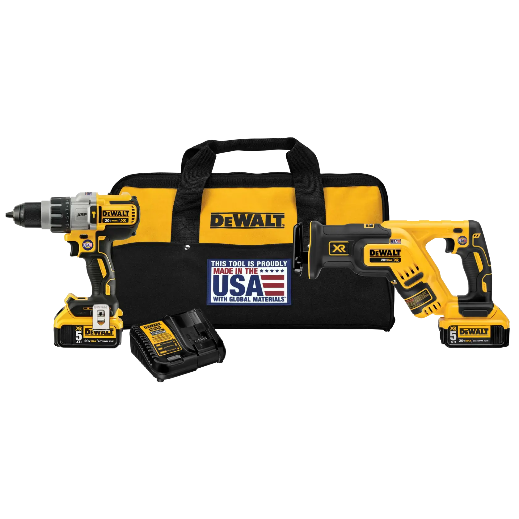 DEWALT tool kit featuring a yellow and black carrying bag, a cordless drill, a reciprocating saw, two batteries, and a battery charger. The bag displays a label indicating the tools are made in the USA with global materials.