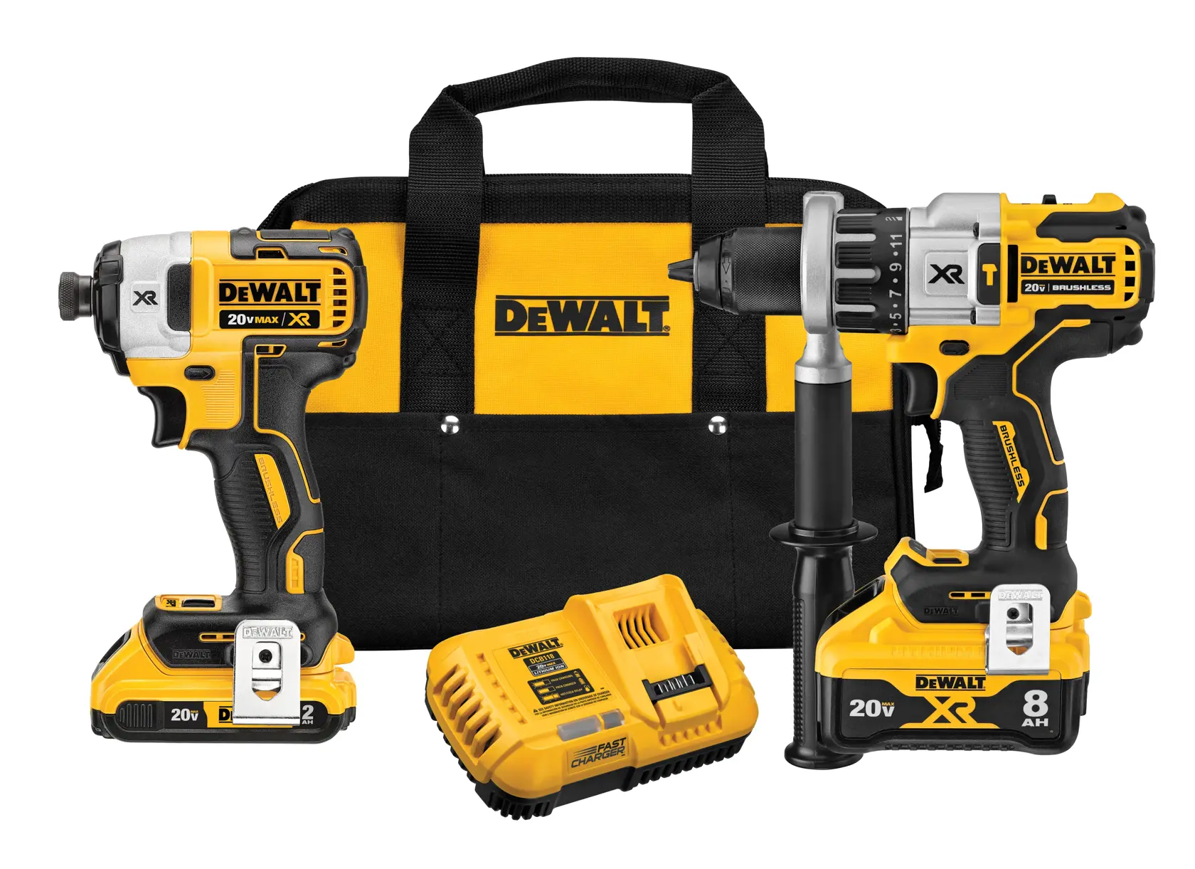 A DEWALT tool kit including a yellow and black carrying bag, a cordless 20V MAX XR impact driver, a cordless 20V MAX XR drill with handle, two lithium-ion batteries, and a battery charger.