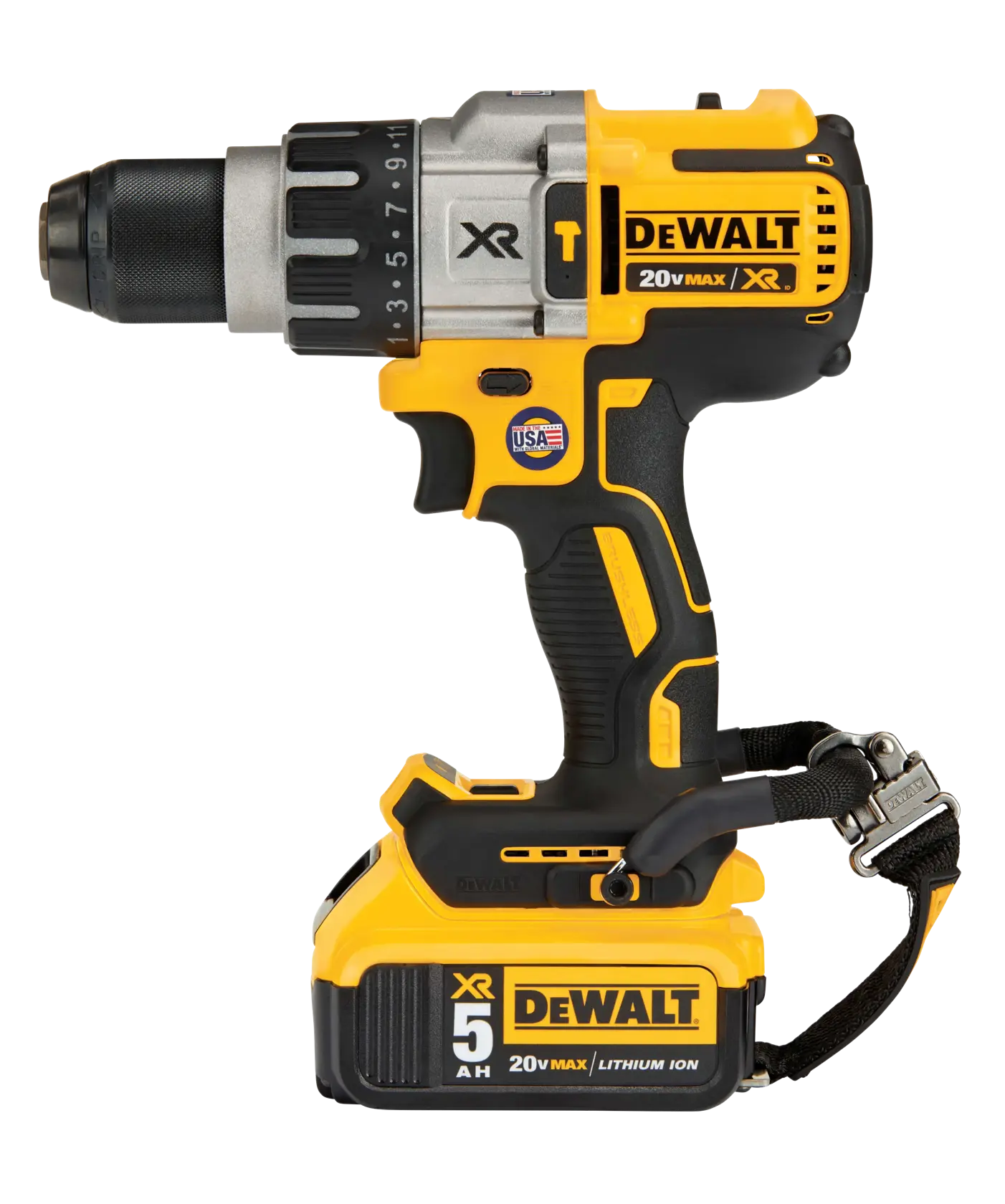 A DEWALT 20V Max XR cordless drill with a lithium ion battery, featuring a black and yellow design, side strap, and several labels indicating model and battery capacity.