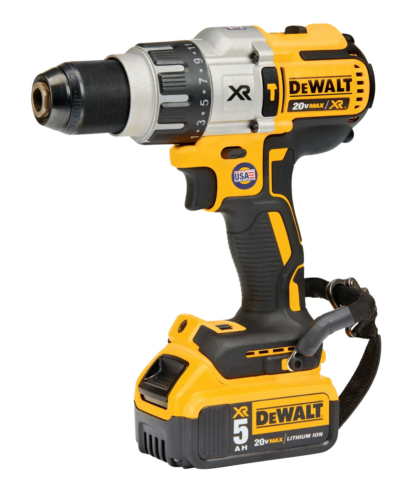 A DEWALT 20V MAX XR cordless drill with a yellow and black design, displaying a 5 Ah lithium-ion battery, ergonomic grip, and branded labels on the body, photographed against a white background.