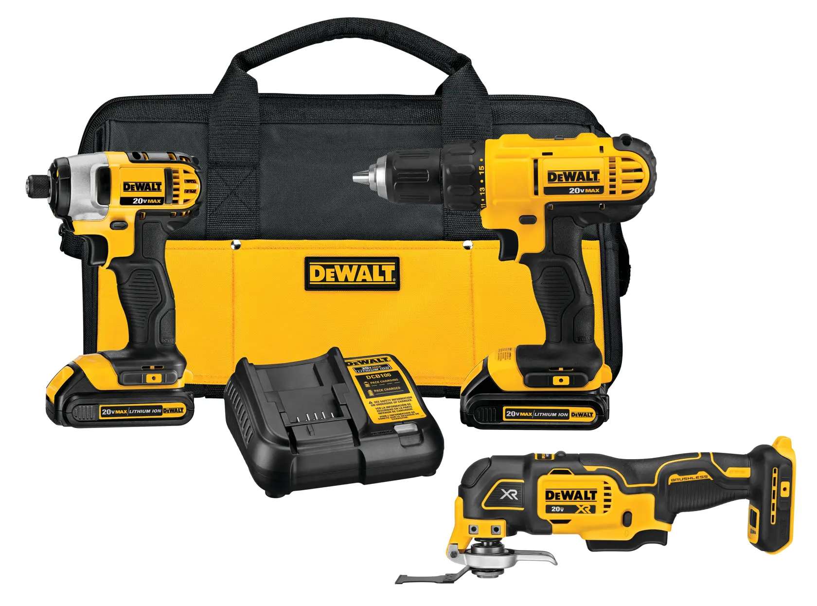 A DEWALT tool kit featuring three cordless power tools: an impact driver, a drill, and a multi-tool, along with a battery charger and a black and yellow DEWALT branded carrying bag.