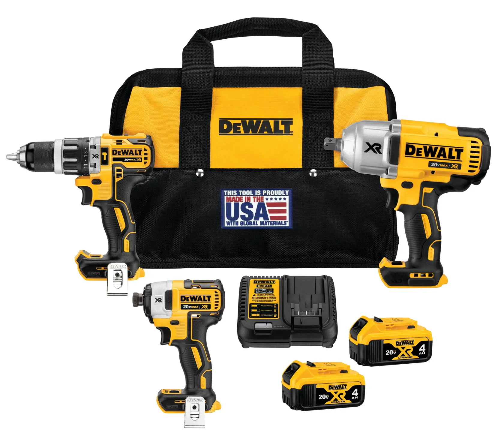 DEWALT tool kit including a yellow and black carrying bag, a cordless drill, an impact driver, an impact wrench, two 20V MAX XR lithium-ion batteries, and a battery charger. The carrying bag has a DEWALT logo and a patch stating 'Made in the USA with Global Materials.'