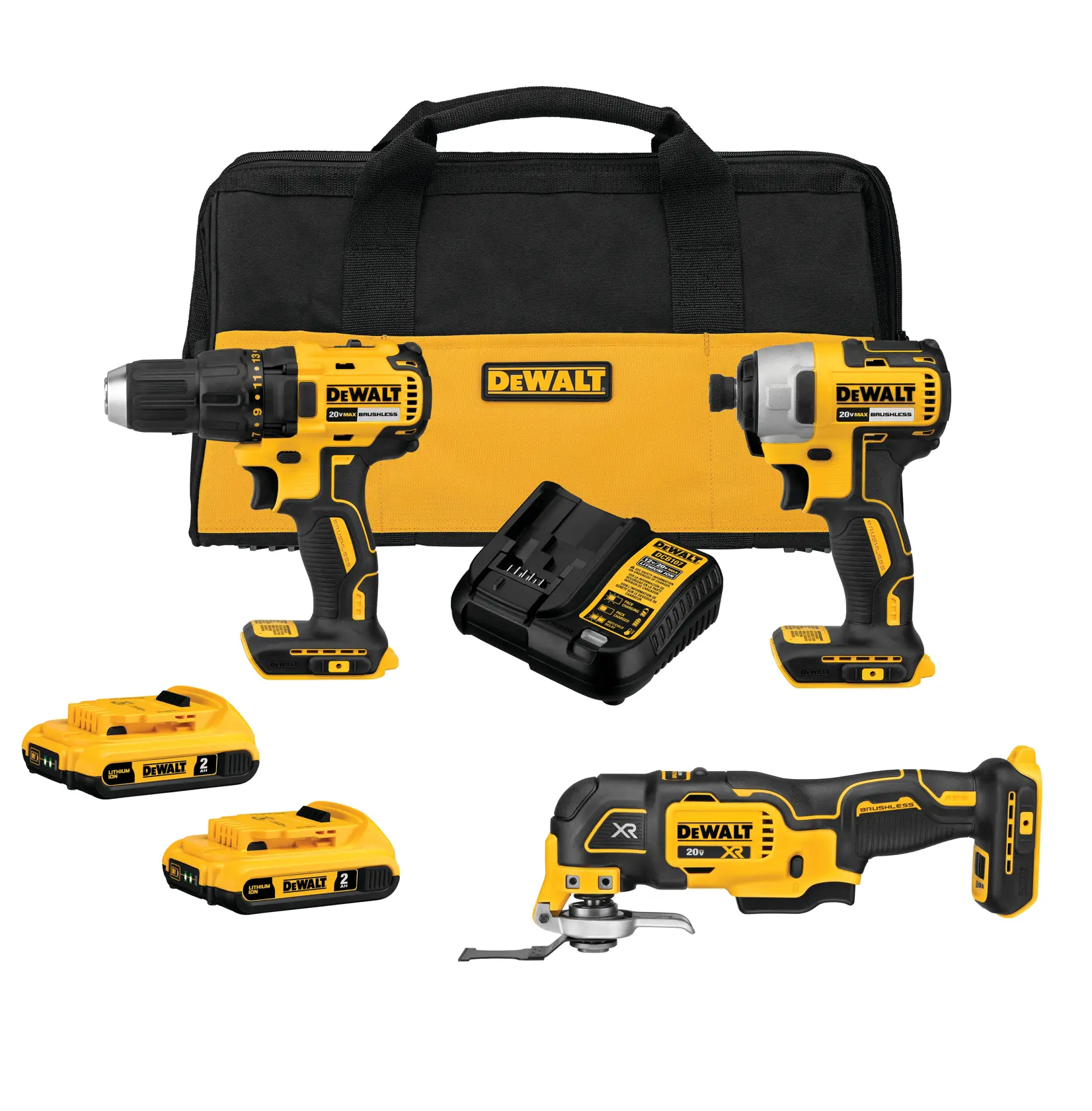 DEWALT 20V cordless tool kit including a drill, impact driver, oscillating multi-tool, two batteries, charger, and a black and yellow carrying bag.