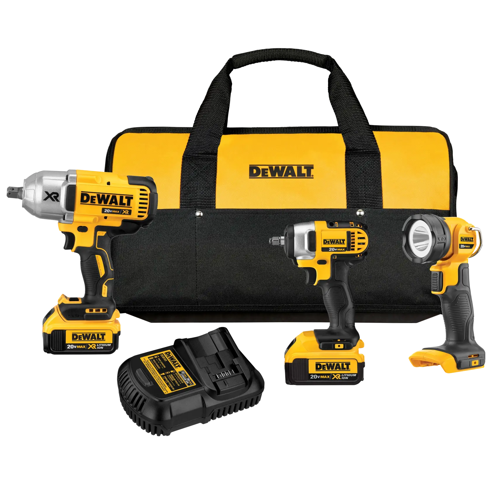 A set of DEWALT power tools, including a cordless impact wrench, a cordless impact driver, a cordless LED flashlight, a battery charger, and a yellow and black carrying bag, all displayed together.