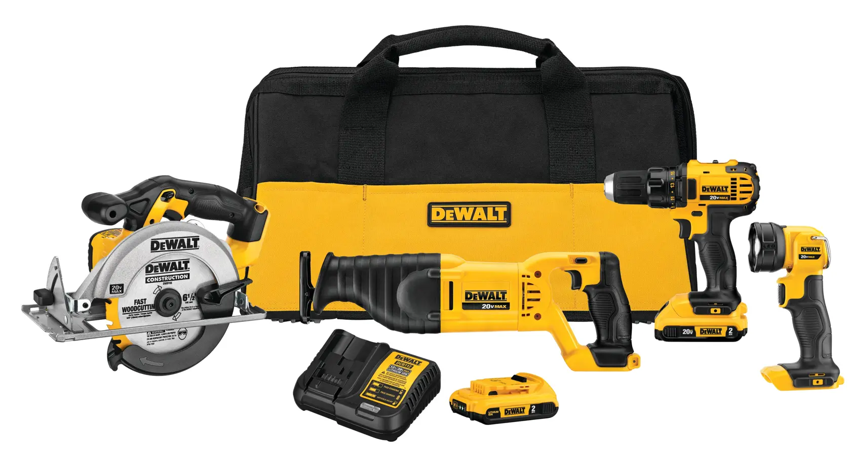 A DEWALT tool kit including a black and yellow carrying bag, a circular saw, a reciprocating saw, a cordless drill, a flashlight, two batteries, and a battery charger.