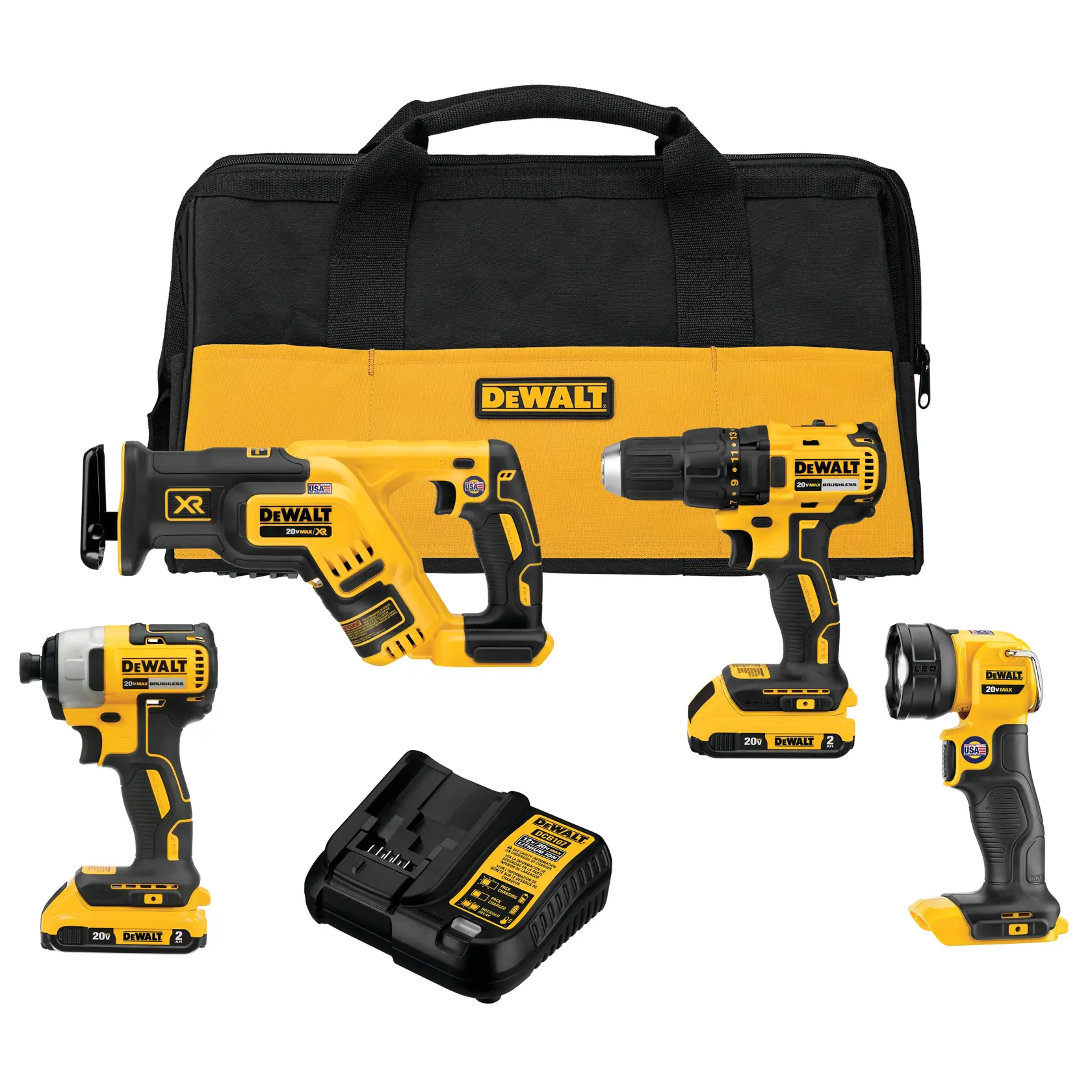 A DEWALT tool kit including a black and yellow carrying bag, a cordless reciprocating saw, a cordless drill, a cordless impact driver, a cordless flashlight, and a battery charger, all arranged neatly.