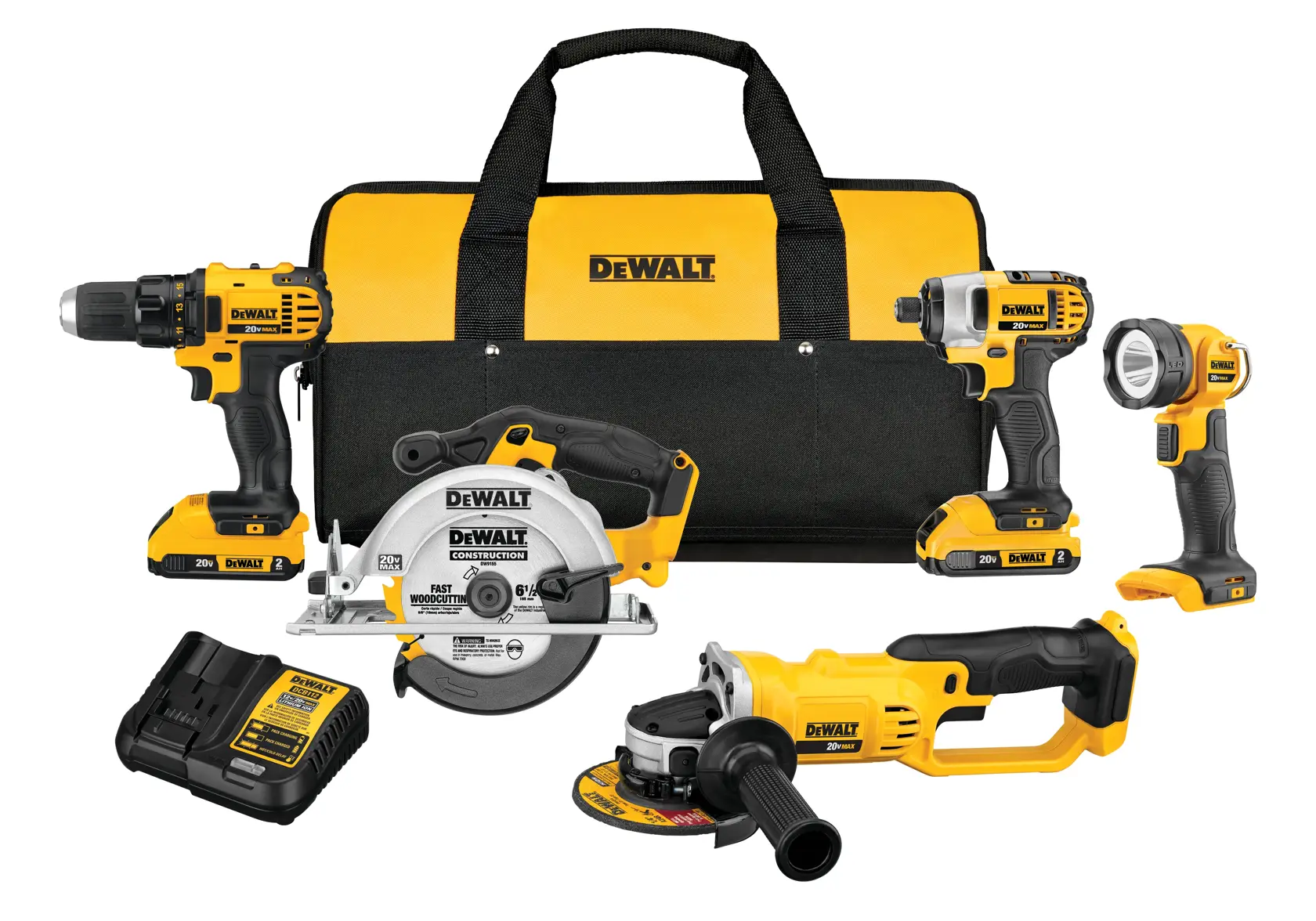 A DEWALT tool set featuring a yellow and black carrying bag. The set includes a cordless drill, an impact driver, a circular saw, a flashlight, an angle grinder, and a battery charger, all arranged in front of the bag.