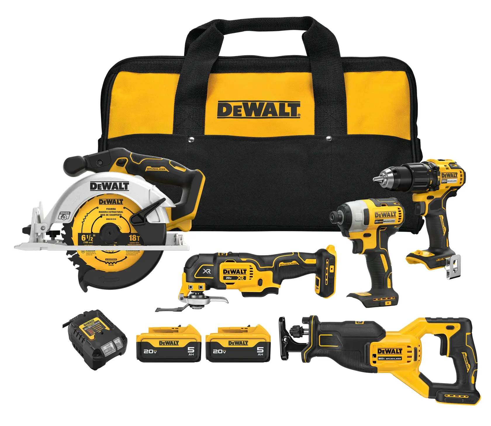 A DEWALT 20V MAX cordless tool set including a yellow and black tool bag, a circular saw, a grinder, an impact driver, a drill, a reciprocating saw, two batteries, and a charger, all displayed together.