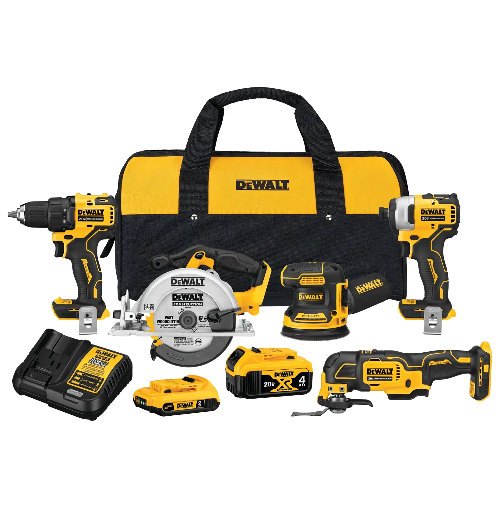 A set of DEWALT power tools, including a drill, impact driver, circular saw, sander, oscillating multi-tool, two batteries, a battery charger, and a yellow and black carrying bag, all arranged together.