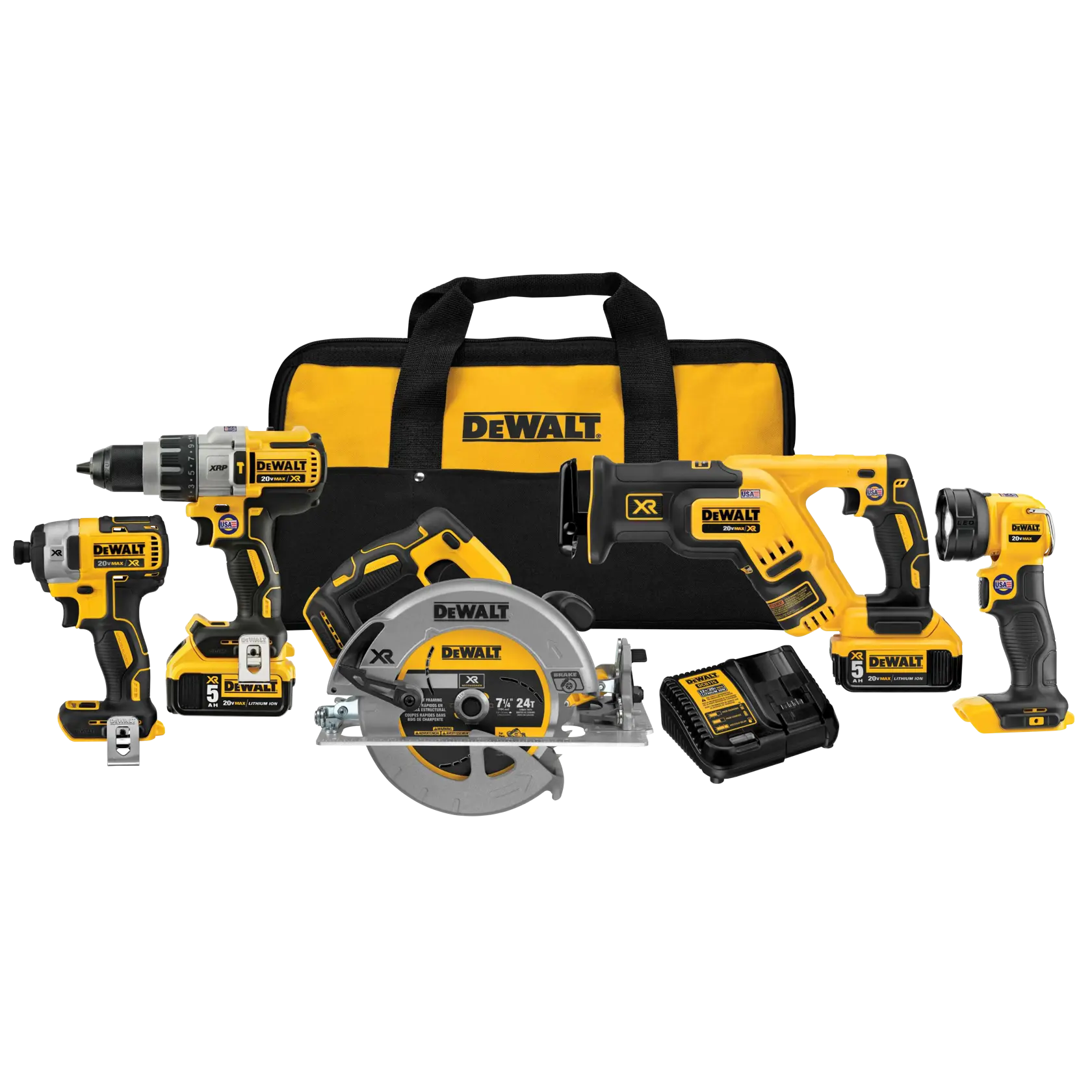 A collection of DEWALT cordless power tools including a drill, impact driver, reciprocating saw, circular saw, flashlight, charger, and a black and yellow carrying bag, all displayed together.