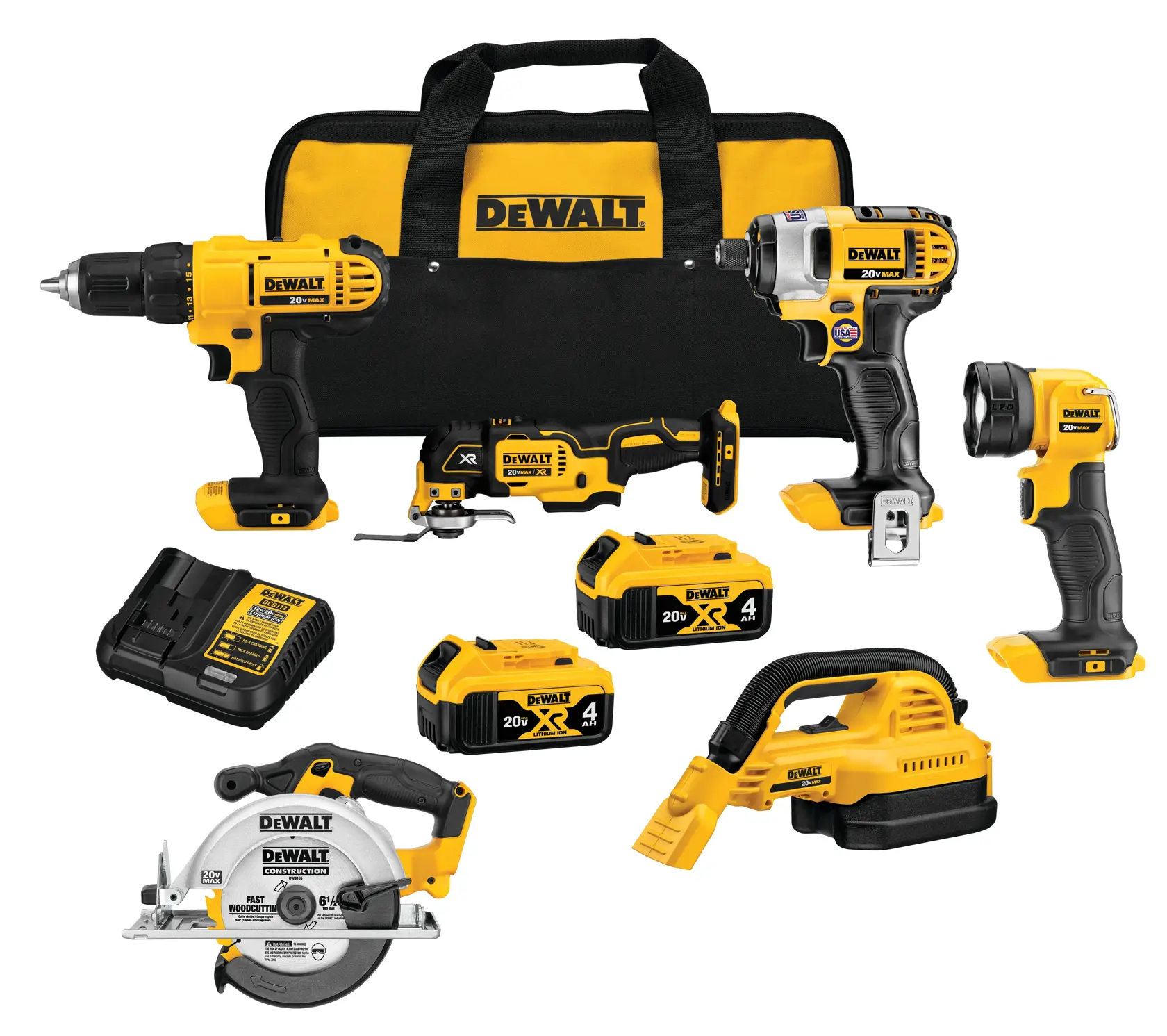 A DEWALT tool set including a cordless drill, impact driver, angle grinder, flashlight, circular saw, portable vacuum, battery charger, three batteries, and a DEWALT branded carrying bag. All items are yellow and black.