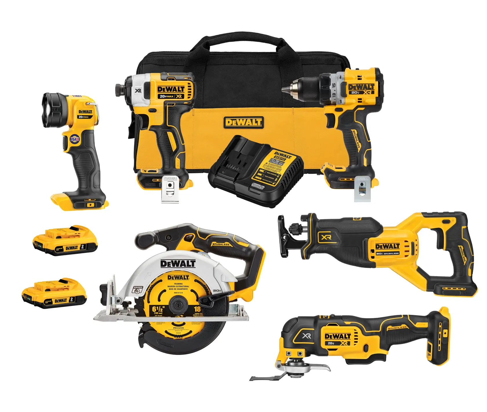 DEWALT power tool kit including a cordless drill, impact driver, reciprocating saw, circular saw, oscillating tool, flashlight, battery charger, two batteries, and a carrying bag. All tools have a yellow and black design and are arranged in front of the bag.