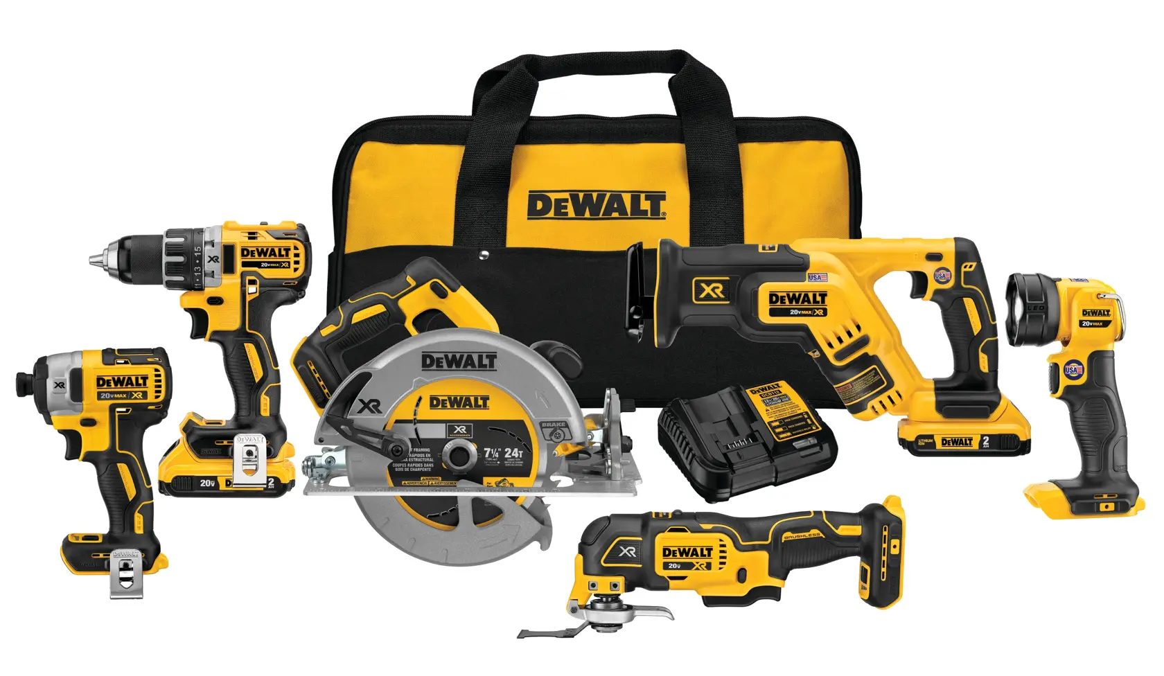 A set of DEWALT power tools including a drill, impact driver, circular saw, reciprocating saw, oscillating multi-tool, work light, battery charger, and a yellow and black carrying bag, all arranged together.