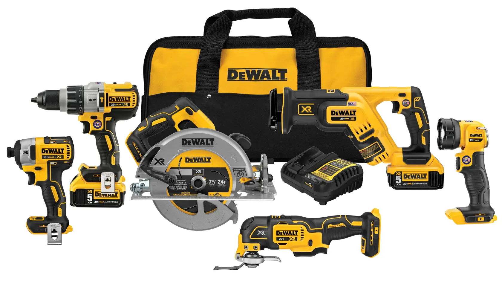 A set of DEWALT cordless power tools including a drill, impact driver, circular saw, reciprocating saw, flashlight, multitool, two batteries, a charger, and a carrying bag. All items are black and yellow in color and arranged together on a white background.