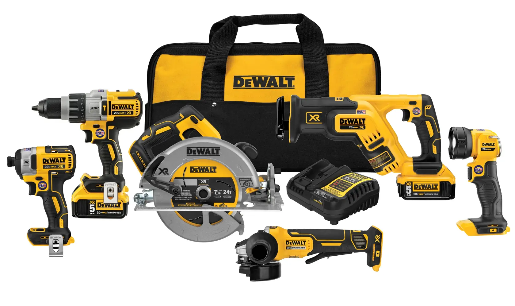 A set of DEWALT power tools, including a drill, impact driver, circular saw, reciprocating saw, angle grinder, flashlight, a battery charger, and a yellow and black tool bag.