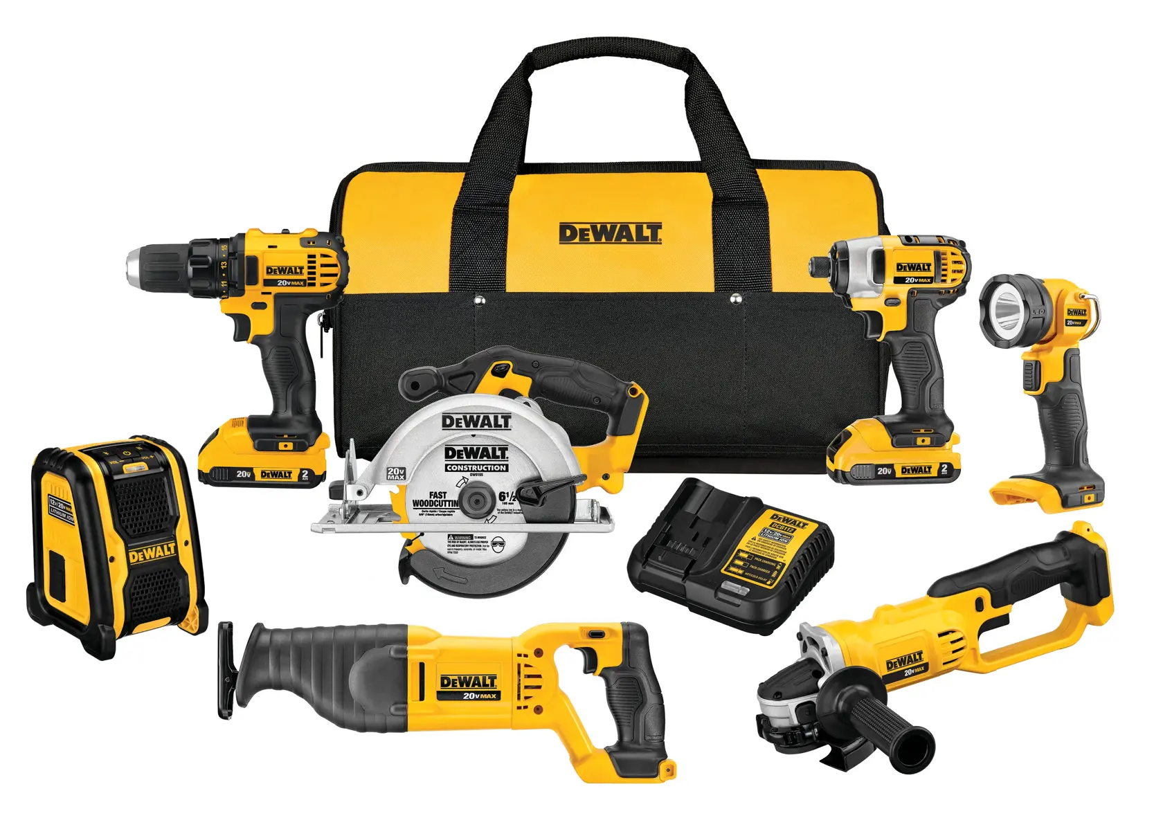 A set of DEWALT power tools including a drill, impact driver, circular saw, reciprocating saw, light, radio, angle grinder, battery charger, and a carrying bag. All tools are yellow and black and are arranged in front of the bag.
