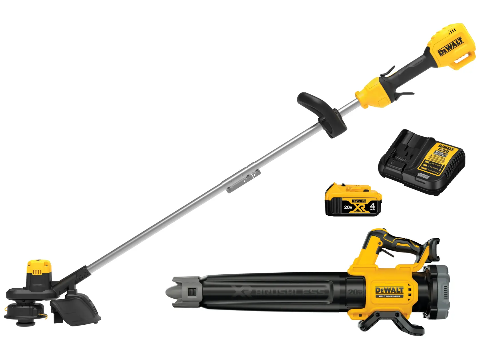 DEWALT cordless outdoor tool kit including a string trimmer, leaf blower, rechargeable battery, and battery charger, all in yellow and black.