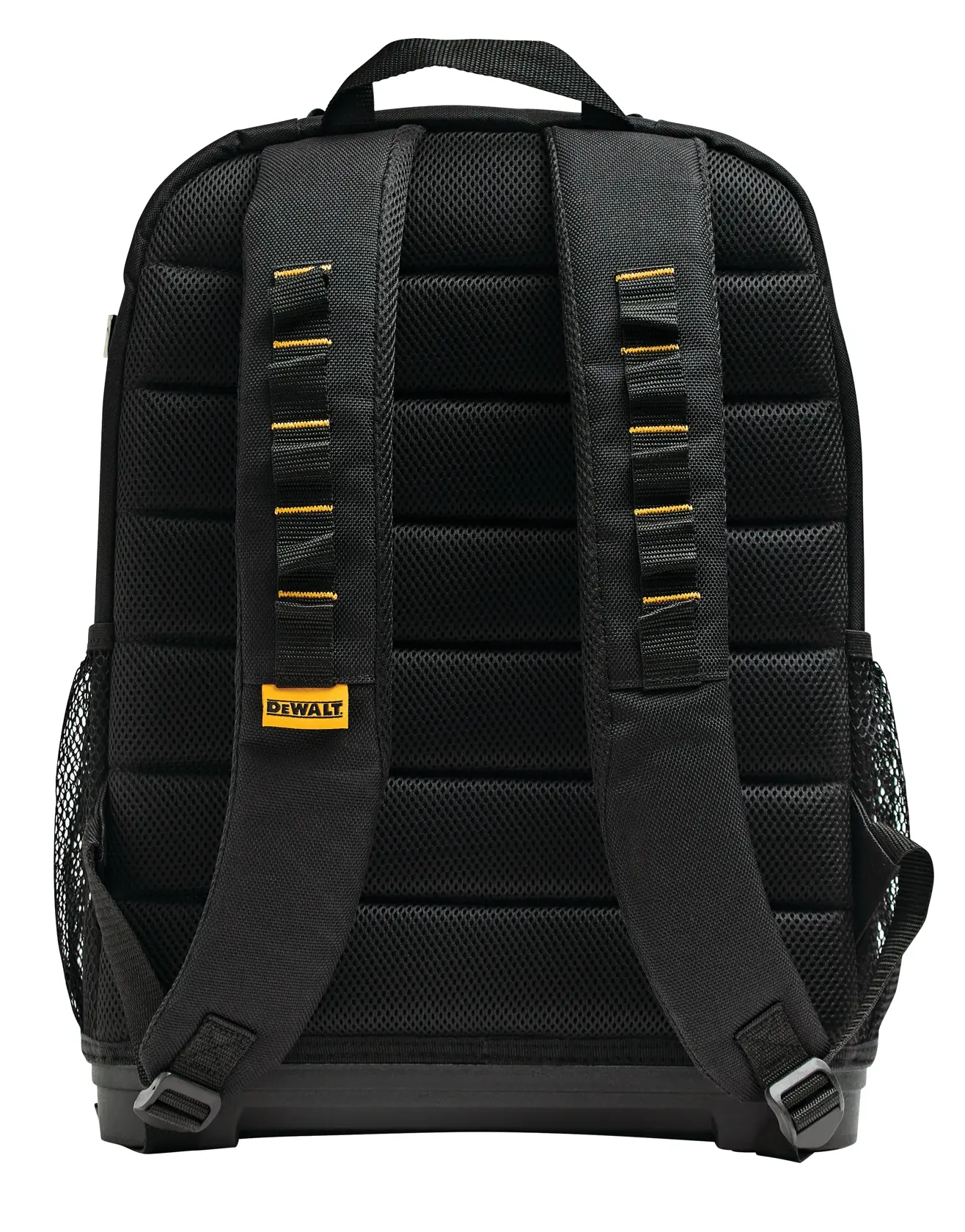 Back view of a black DEWALT backpack with padded straps and mesh side pockets, featuring yellow accents.