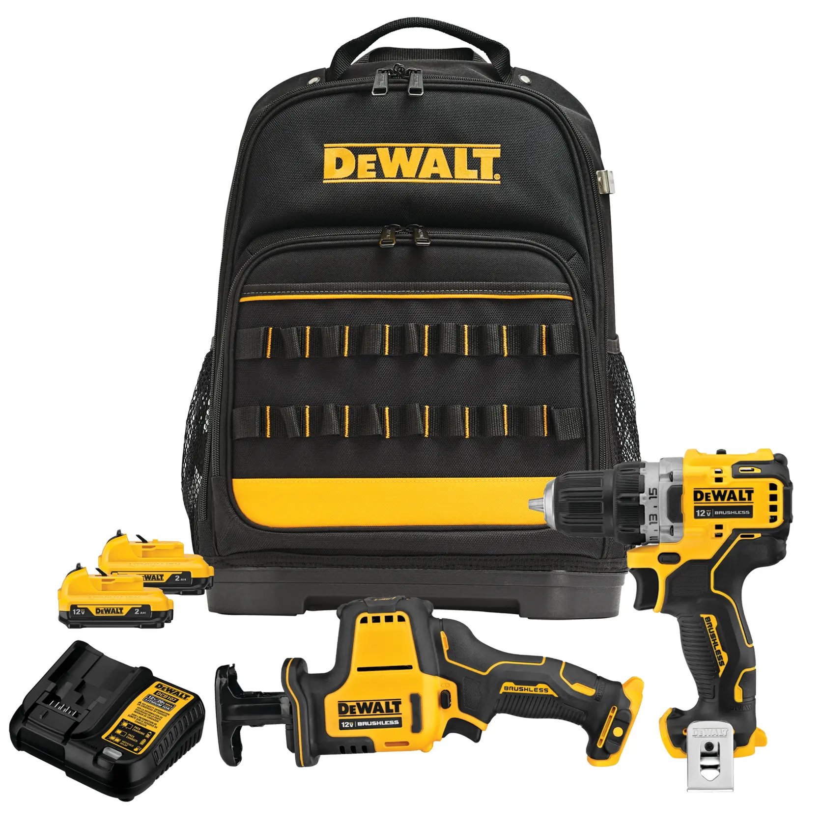 A DEWALT tool kit consisting of a black and yellow backpack, a cordless drill, a reciprocating saw, two rechargeable batteries, and a battery charger.