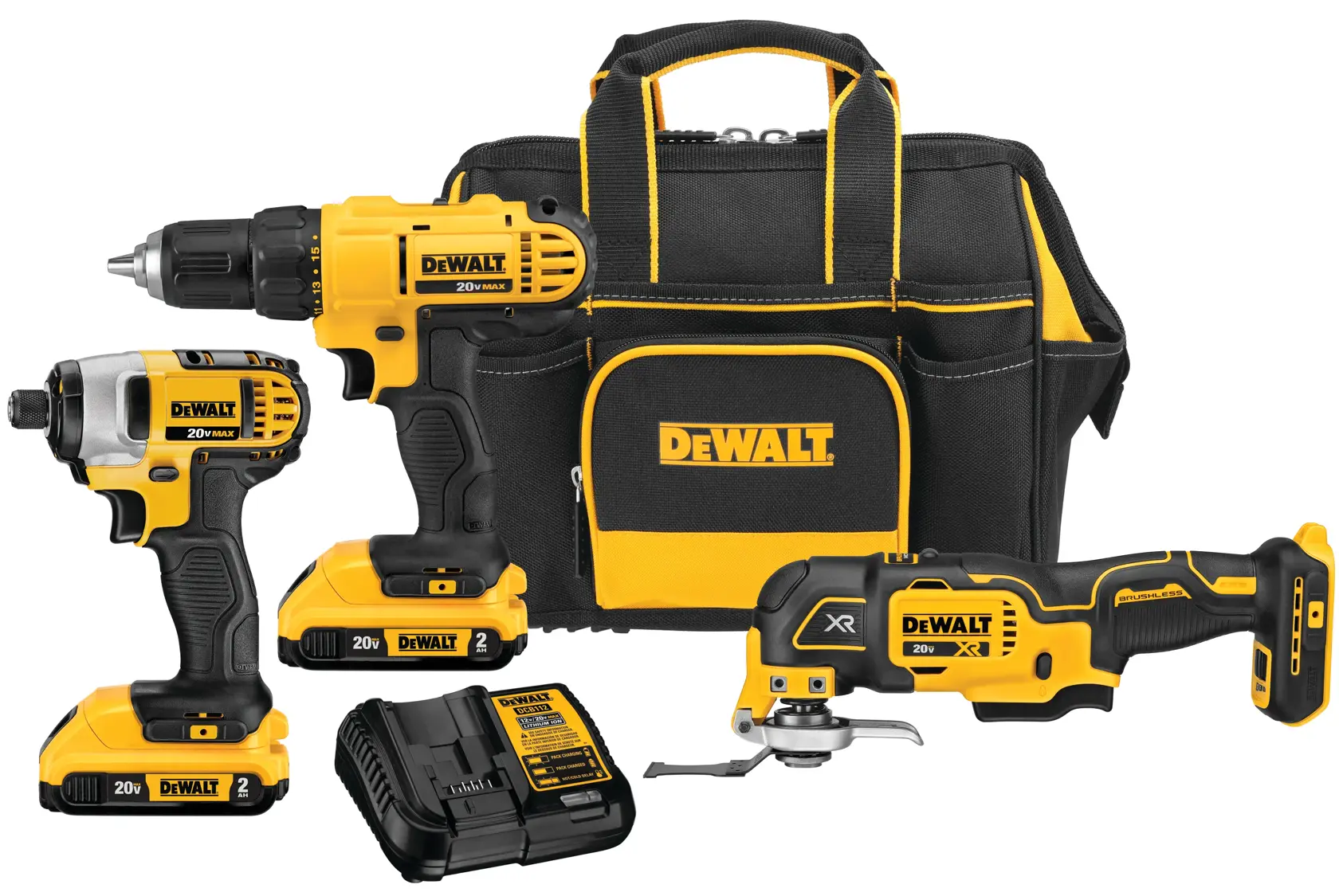 A DEWALT 20V Max cordless tool kit including a drill, an impact driver, an oscillating multi-tool, a battery charger, and a black and yellow carrying bag.
