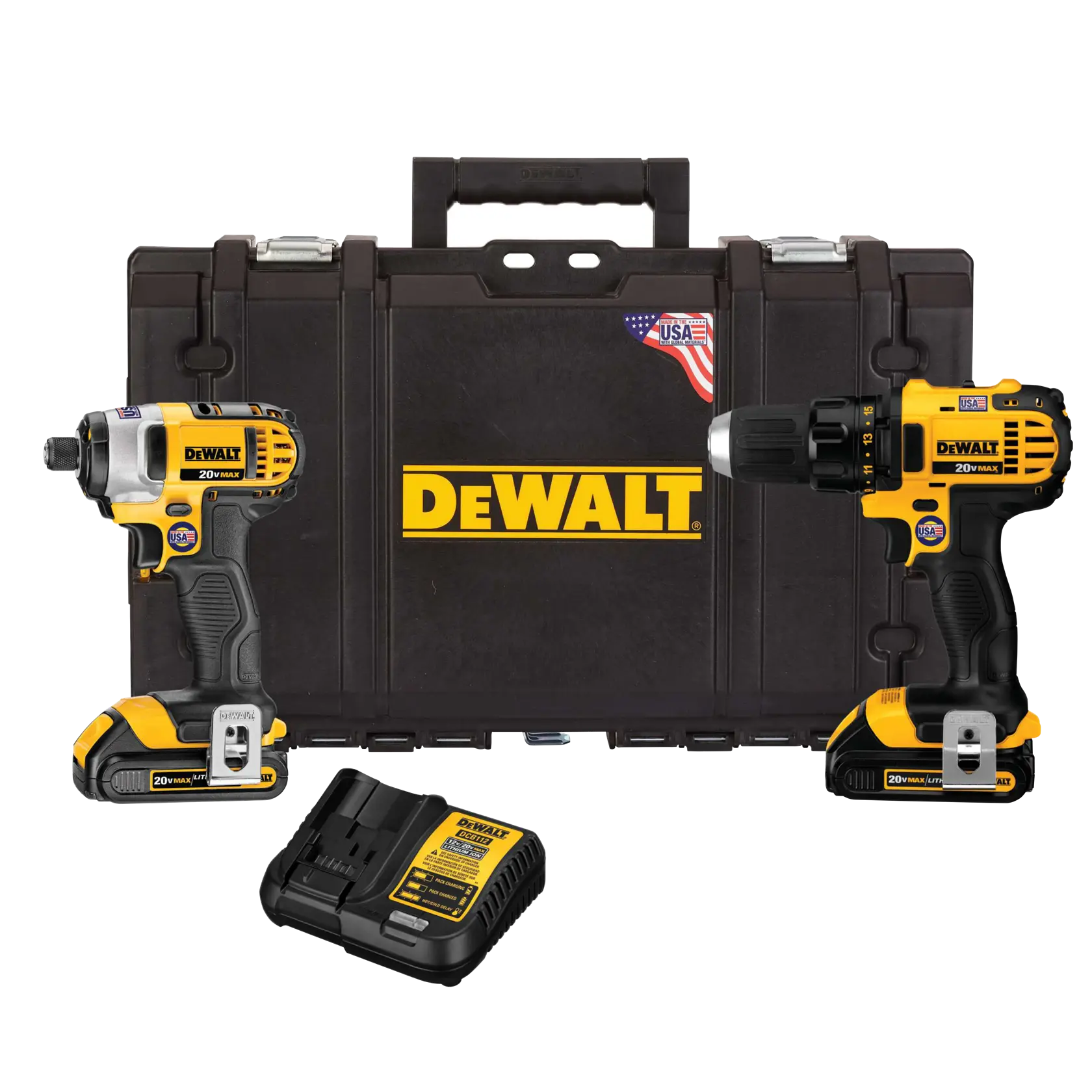DEWALT tool kit featuring a hard carrying case, a cordless impact driver, a cordless drill, and a battery charger. All items are branded with the DEWALT logo and are colored yellow and black.