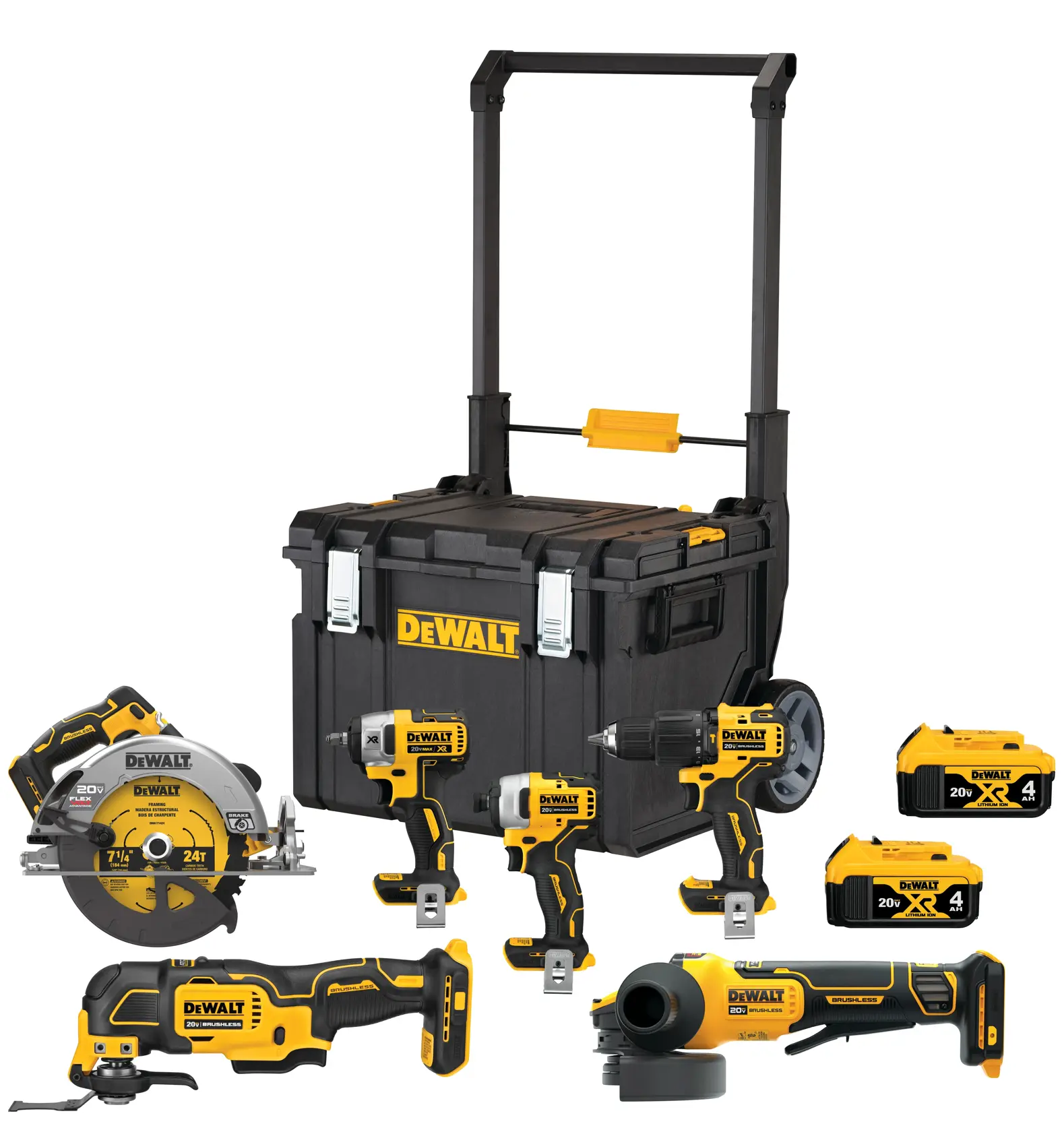 A DEWALT tool kit including a large black rolling toolbox, two 20V battery packs, a circular saw, a drill, an impact driver, an oscillating multi-tool, and an angle grinder, all with yellow and black casing.