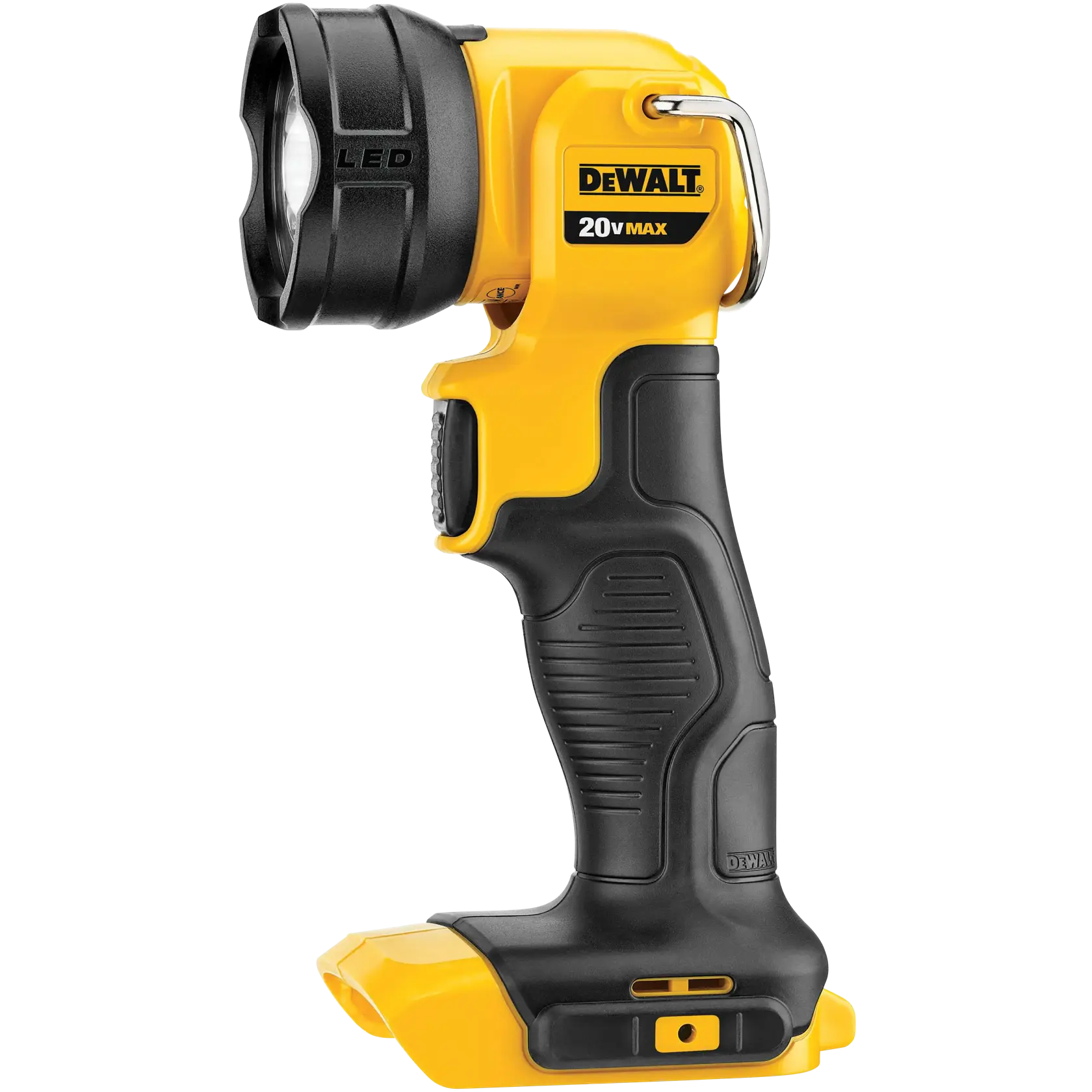 A yellow and black DEWALT 20V Max LED handheld work light, shown upright with a contoured grip and hook for hanging.