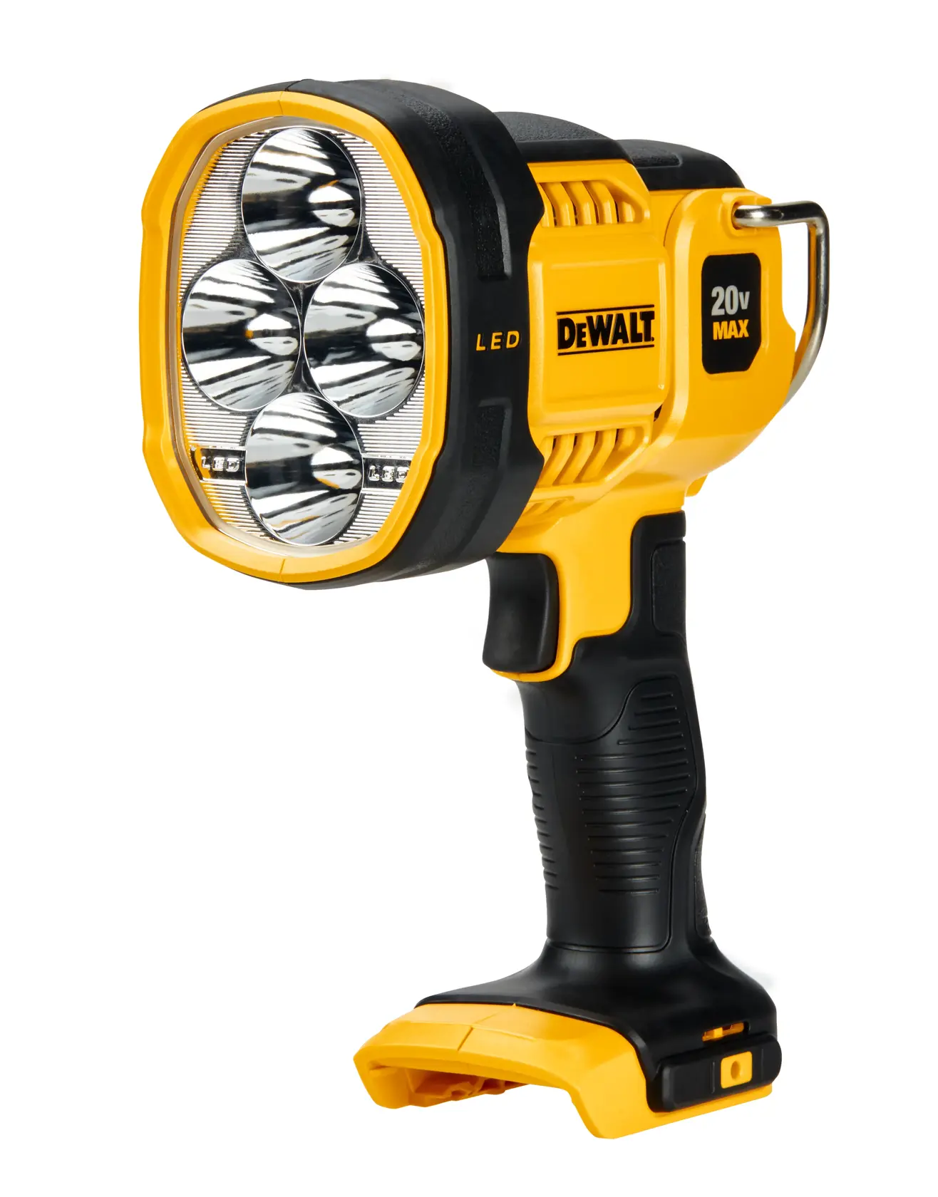 A DEWALT 18V XR Li-Ion LED handheld work light, featuring a yellow and black durable design with a metal clip on the base.