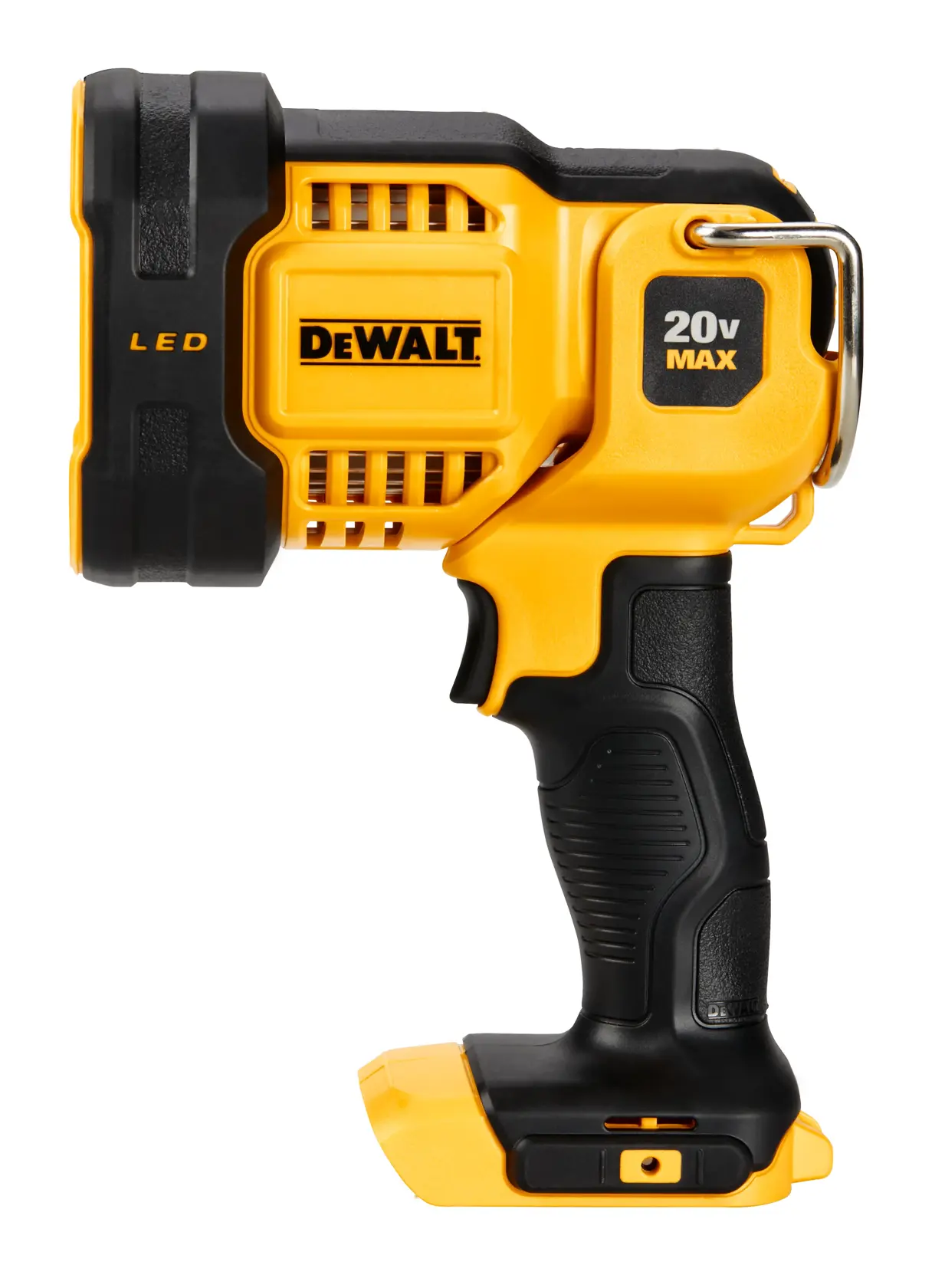 A DEWALT 20V MAX LED handheld work light, featuring a black and yellow ergonomic design with a prominent handle and battery compartment at the bottom.