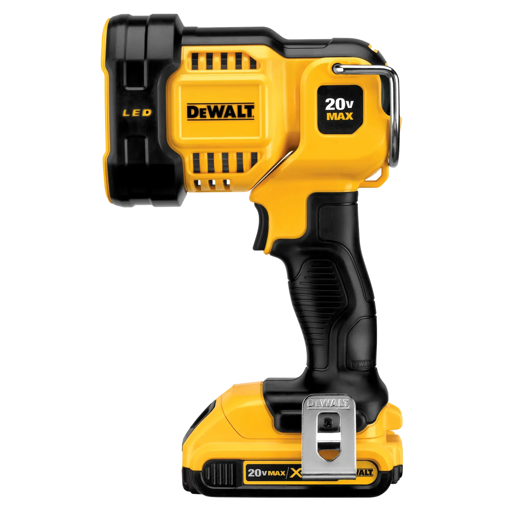 A DEWALT 20V MAX LED handheld spotlight with a yellow and black design, featuring a sturdy handle and battery compartment. The tool is branded with 'DEWALT' on the side and has a metal clip attached to the base.
