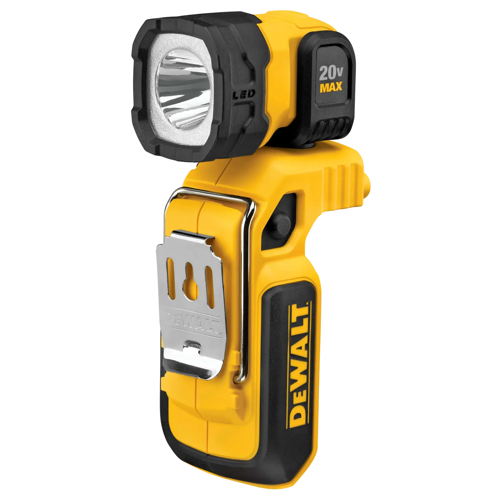 A yellow and black DEWALT handheld LED work light with a 20V MAX marking and a metal belt clip attached to the side.