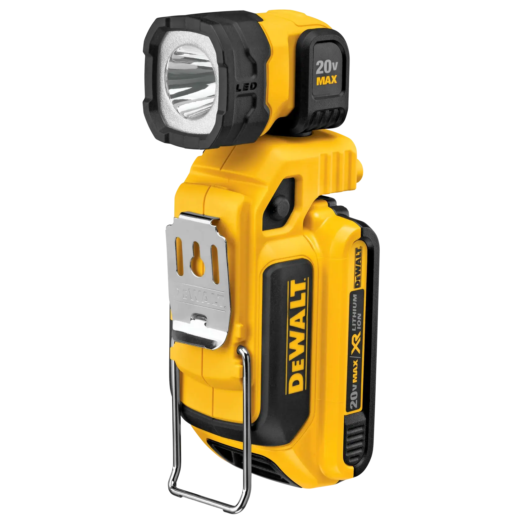A DEWALT 20V MAX LED work light with a yellow and black body. The light features a sturdy metal clip and stand, and is designed for portability and durability, suitable for construction or workshop environments.