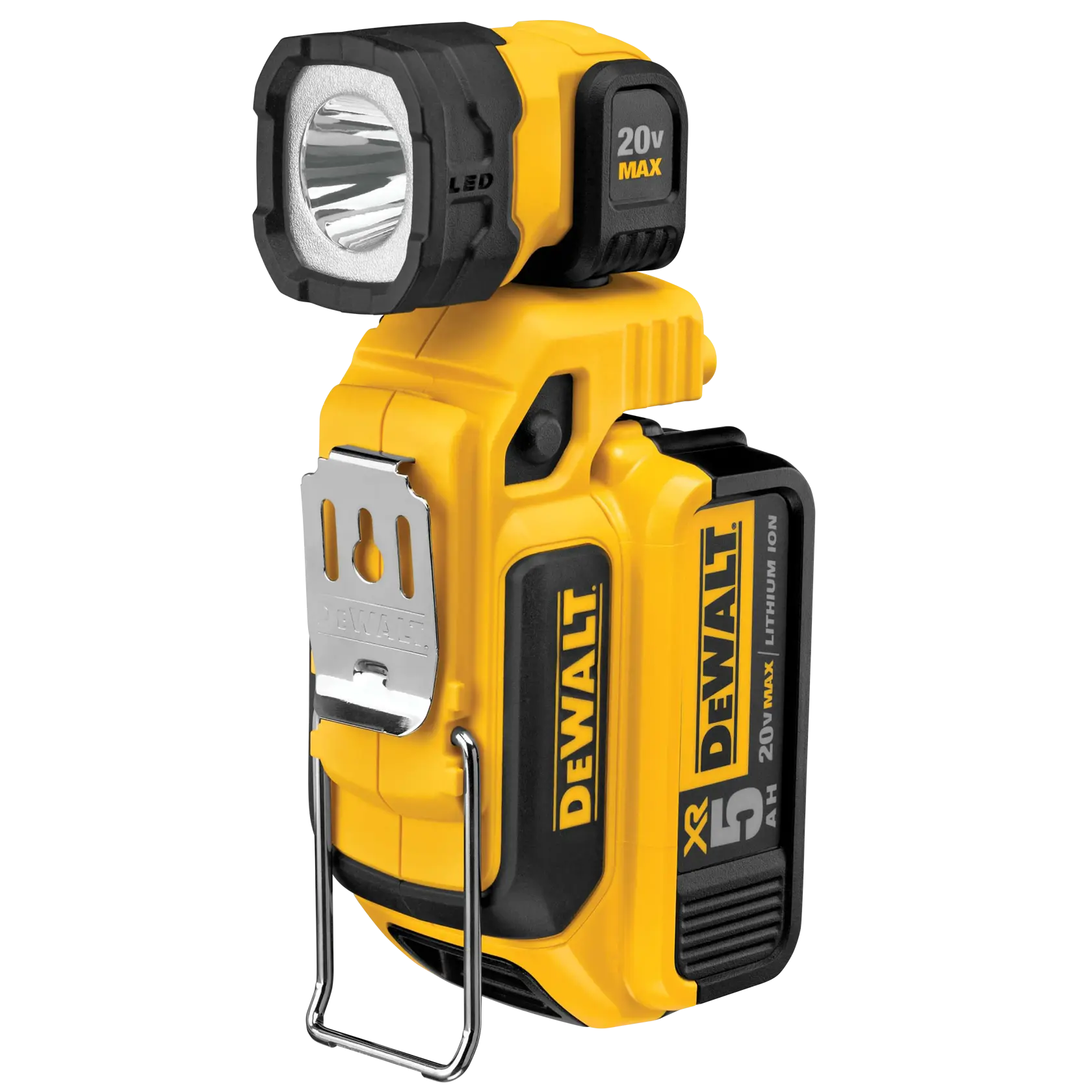 A yellow and black DEWALT portable LED work light with a 20V MAX lithium-ion battery pack attached, featuring a sturdy metal hook for hanging.