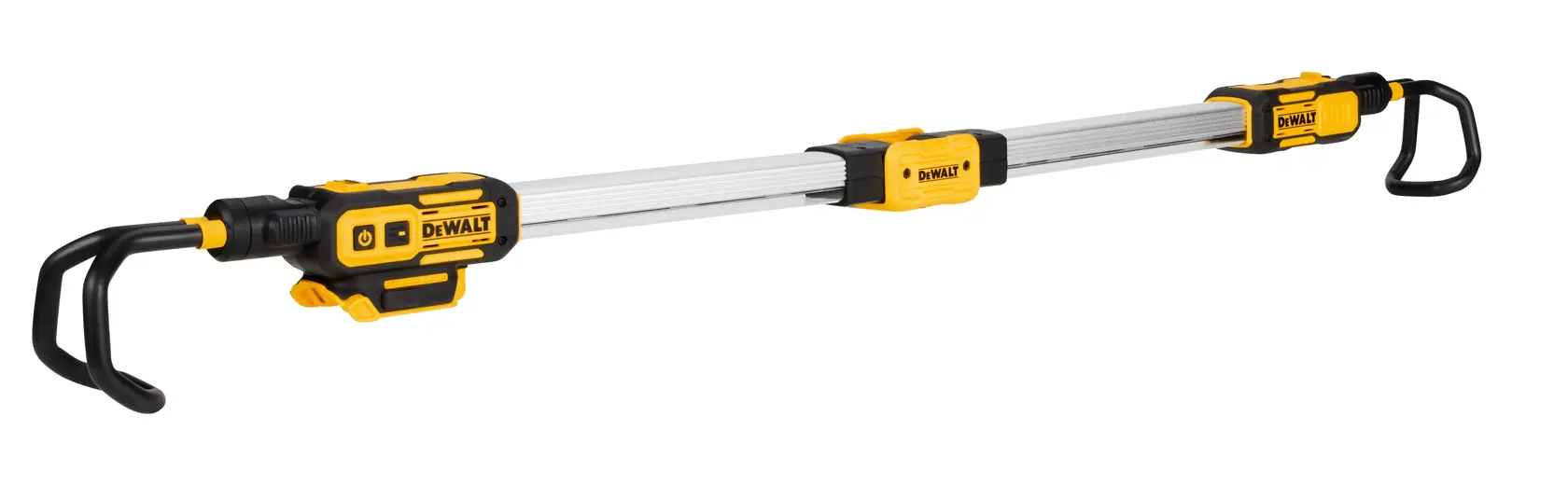 A DEWALT-branded portable LED work light with a long telescoping bar and two adjustable hooks at each end, designed for jobsite illumination.