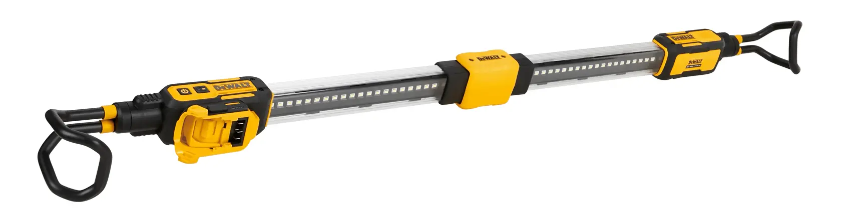 A DEWALT DCL045B long, extendable LED work light with yellow and black casing, designed for photography and job site illumination. The light has hooks at both ends for hanging.