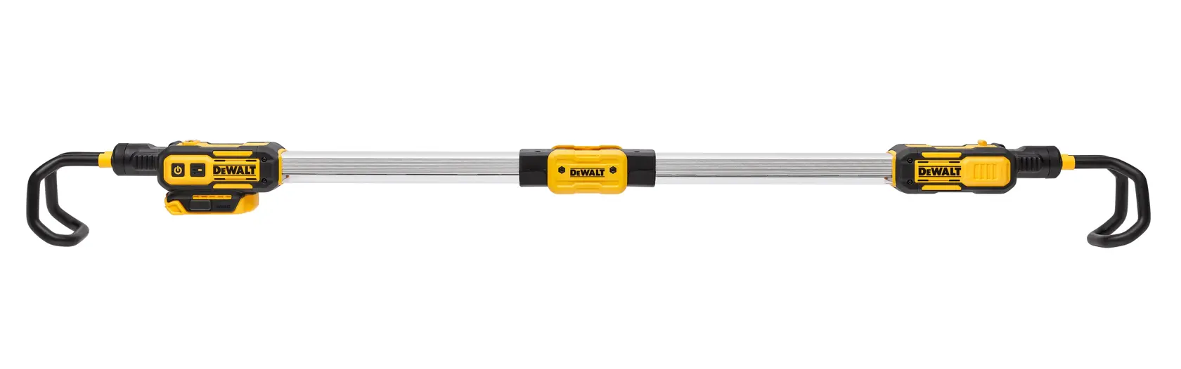 A DEWALT DCL045B photography LED work light with an extendable bar and hooks on each end, shown against a white background.