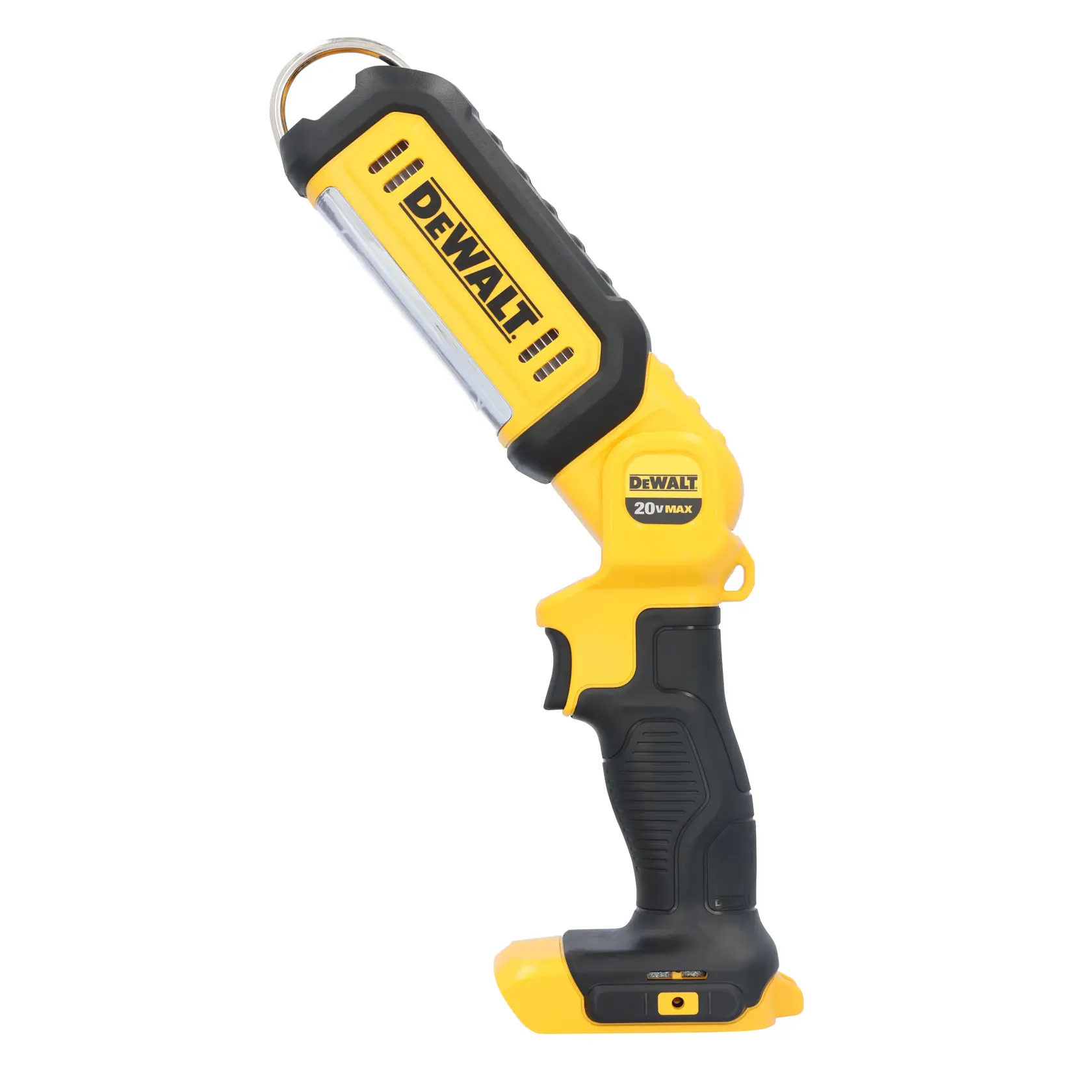 A DEWALT 20V MAX portable work light with a yellow and black design. The light has an adjustable head, a sturdy handle, and a hook at the top for hanging.