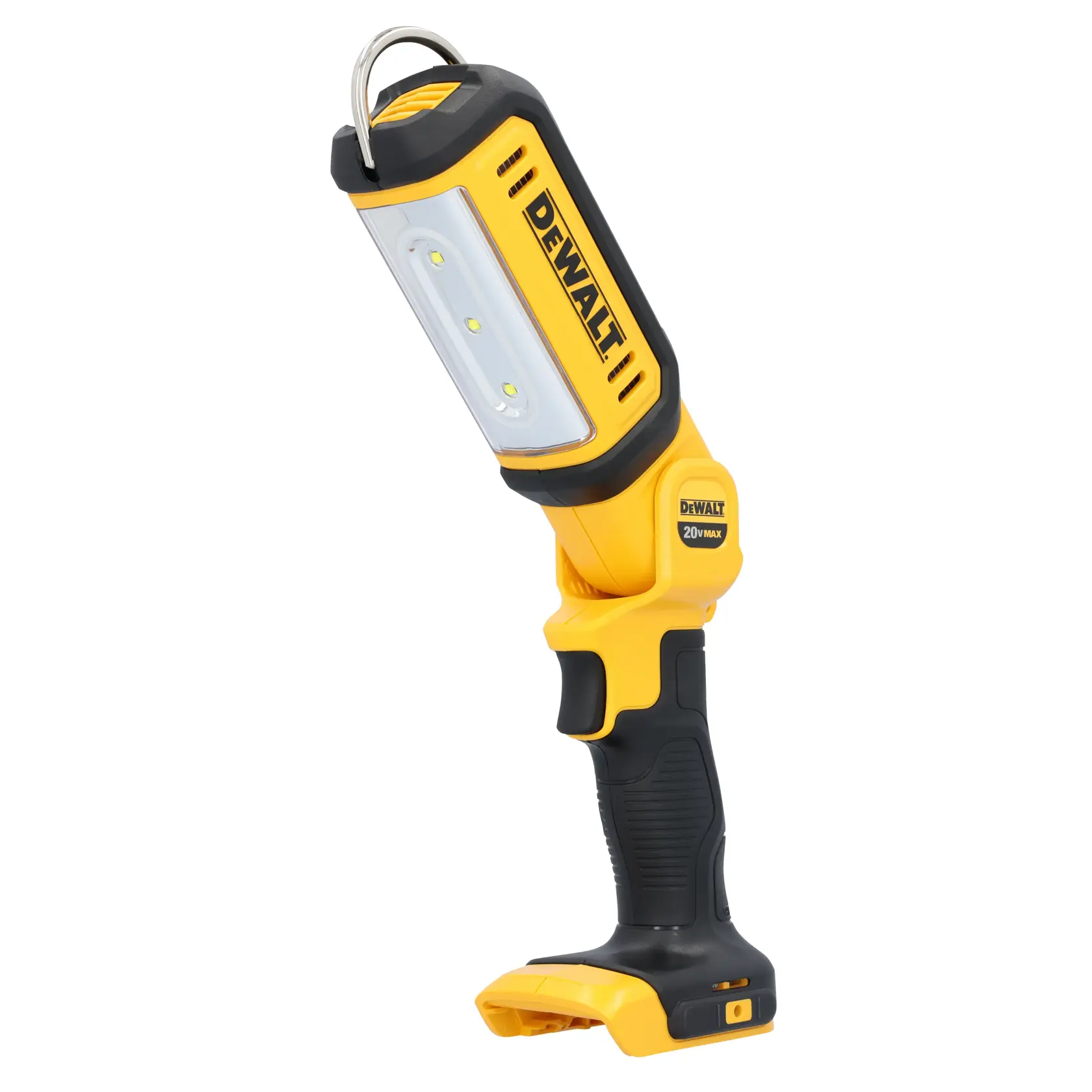 DEWALT DCL050 cordless LED work light in yellow and black, with an adjustable head, ergonomic handle, and metal hook for hanging.