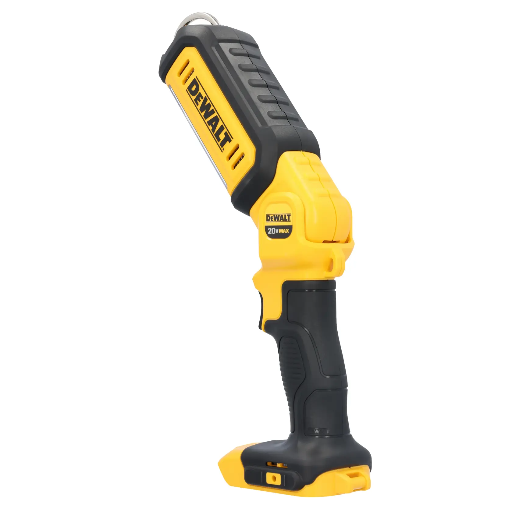 A DEWALT branded portable LED work light, featuring a yellow and black color scheme and ergonomic handle. The light head is adjustable and has a DEWALT logo on the side. It is shown without a battery attached.