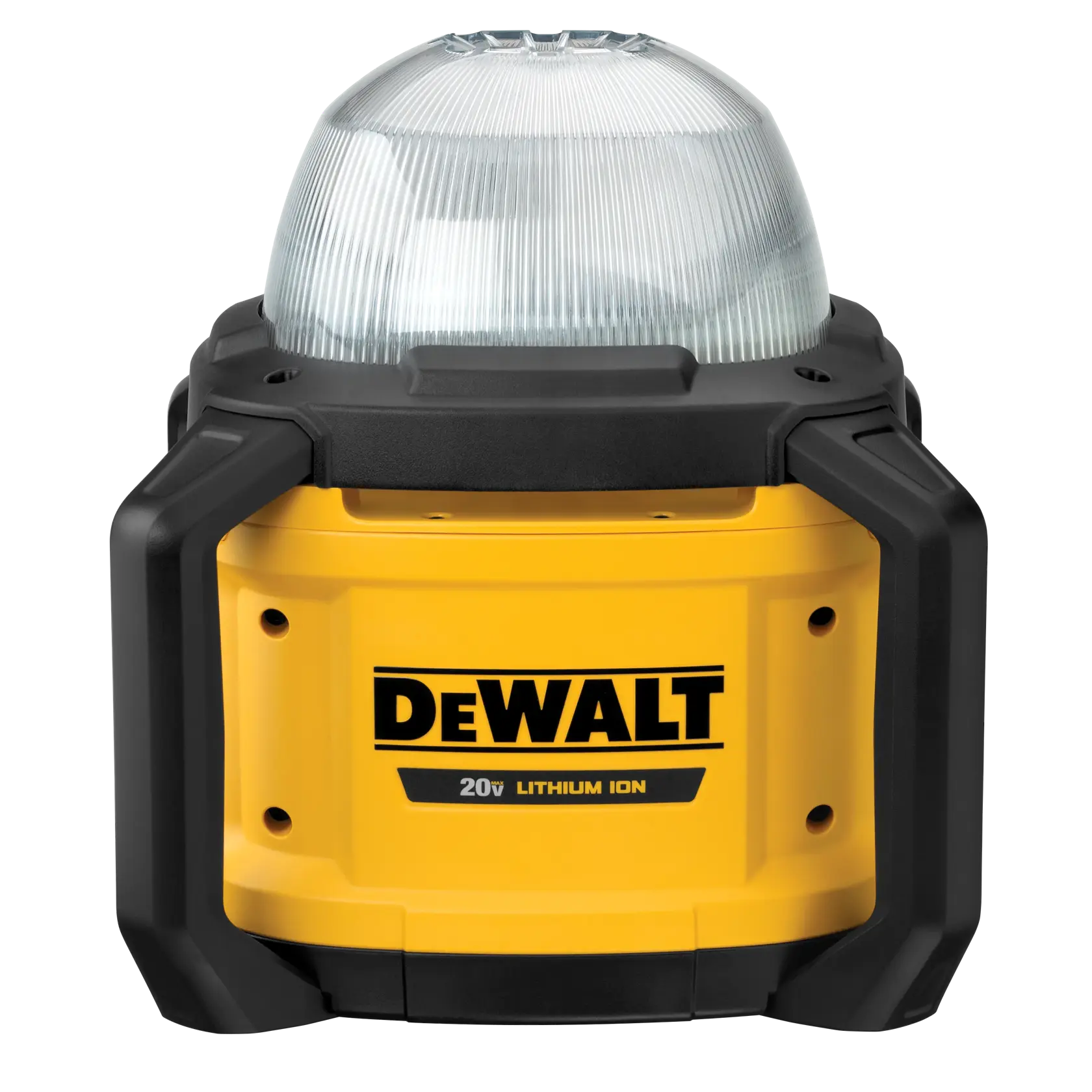 A DEWALT branded portable LED work light with a yellow and black casing and a clear dome-shaped lens, designed for use with a 20V lithium ion battery.