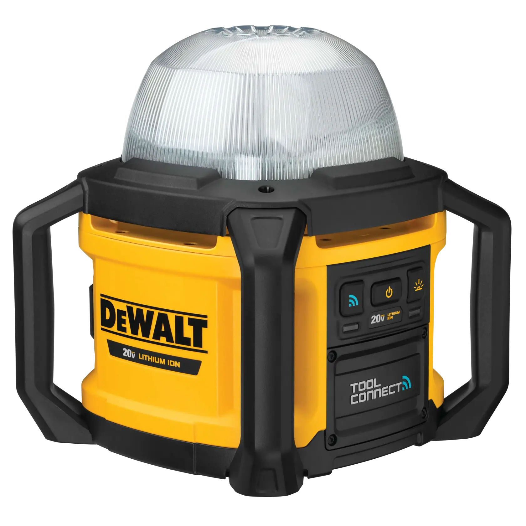 A DEWALT branded yellow and black portable LED work light with a dome-shaped lens, sturdy handles, and control panel labeled 'Tool Connect' for connectivity features. Powered by a 20V lithium-ion battery.