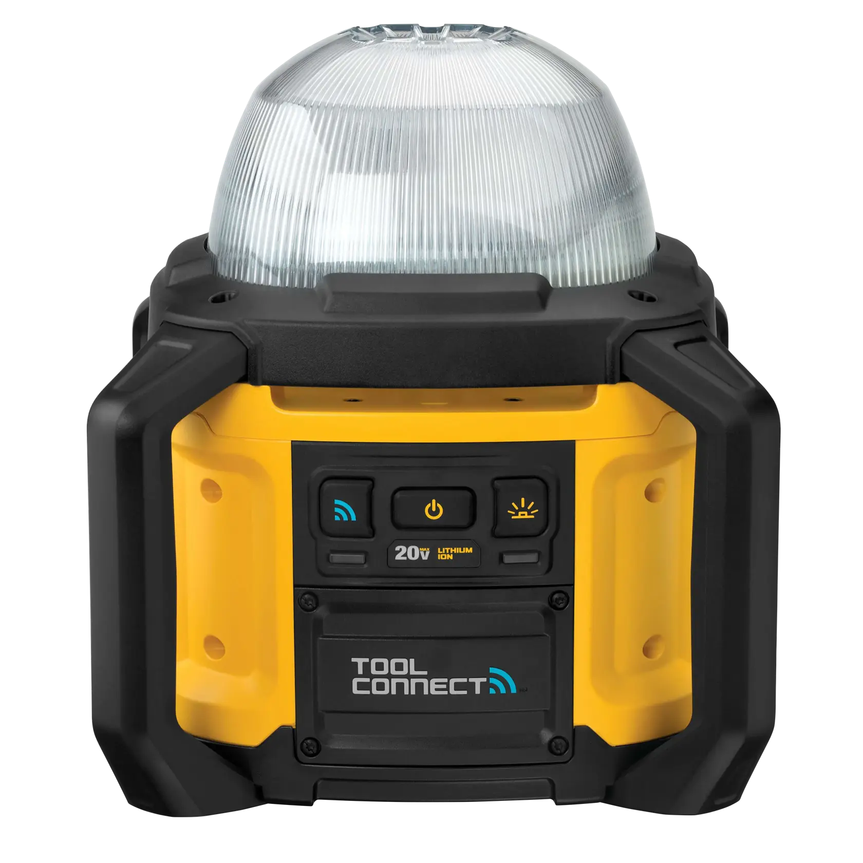 Front view of a DEWALT portable LED work light with a dome-shaped lamp and a yellow and black rugged housing. The control panel displays connectivity and light controls, as well as 'Tool Connect' and '20V Lithium Ion' markings.
