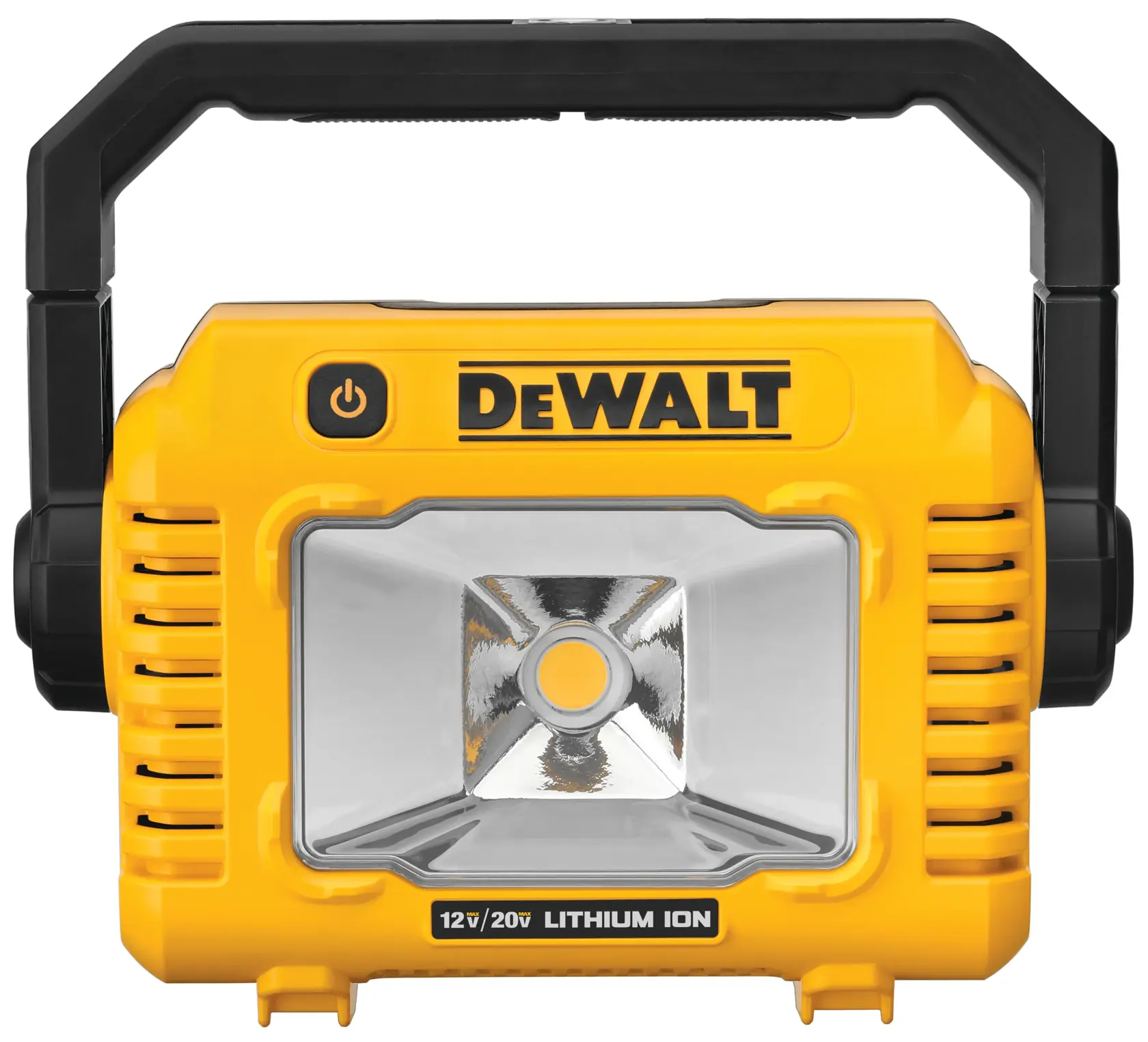 Front view of a yellow DEWALT portable LED work light with a black handle, model DCL077B, featuring a reflective light panel and labels for 12V/20V lithium ion batteries.
