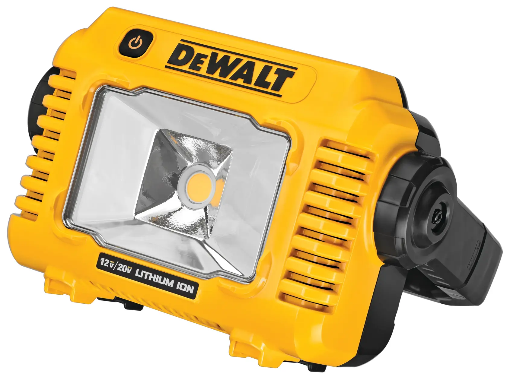 A yellow DEWALT portable LED work light with a power button, reflective surface, and handle. The front label indicates compatibility with 12V and 20V lithium-ion batteries.