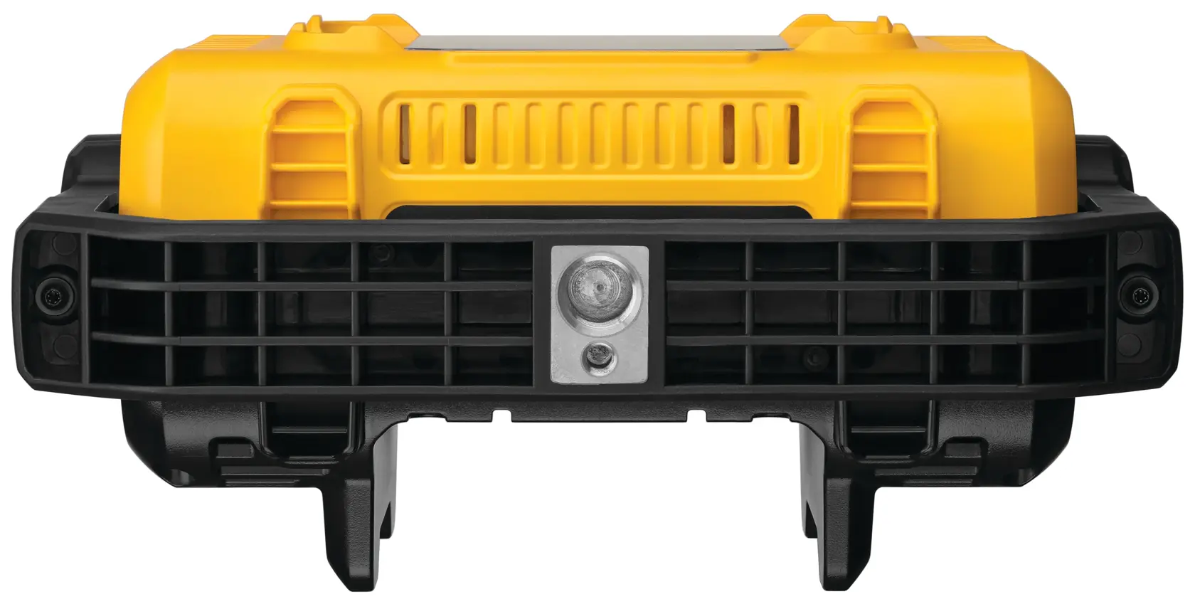 Front view of a DEWALT portable worklight with a yellow and black durable housing, showing the mounting bracket and vented panel.