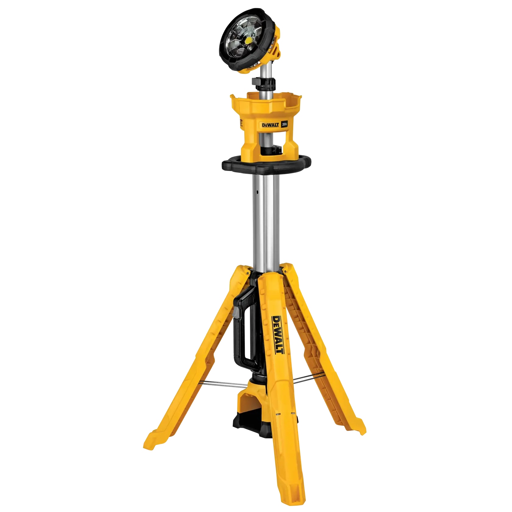 cordless tripod light with extended telescoping pole being used by a construction worker