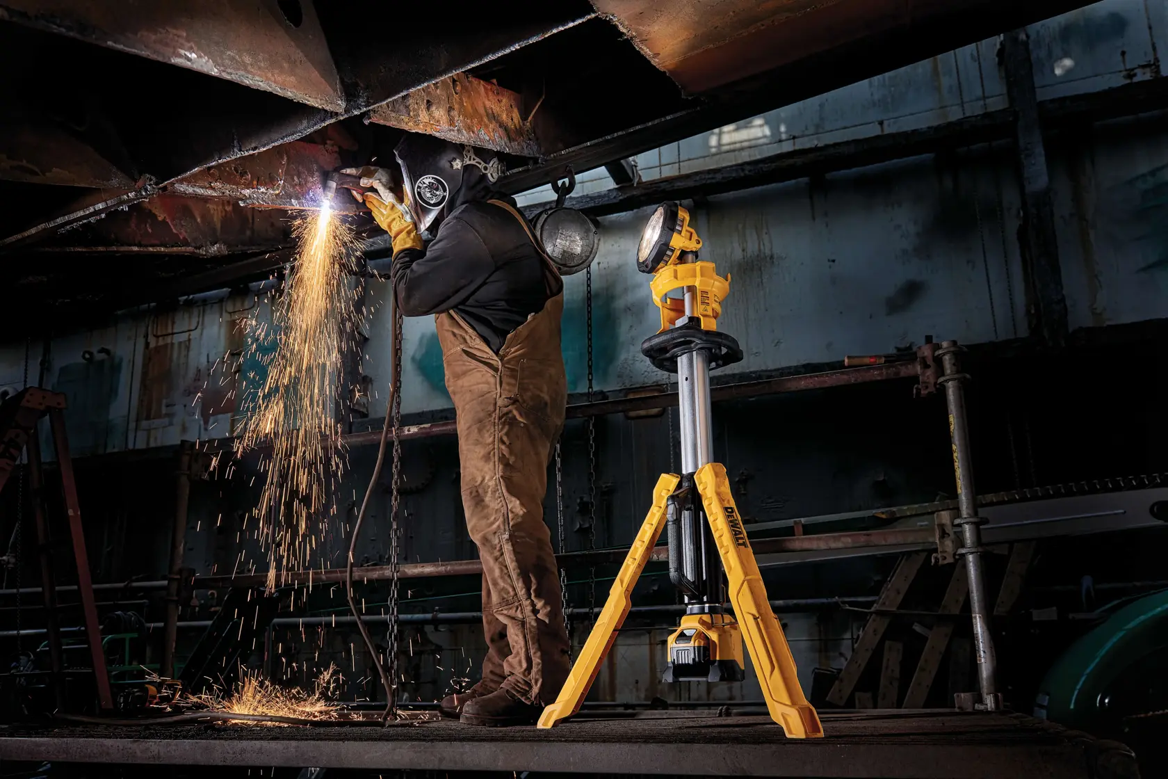 cordless tripod light in use at a construction site