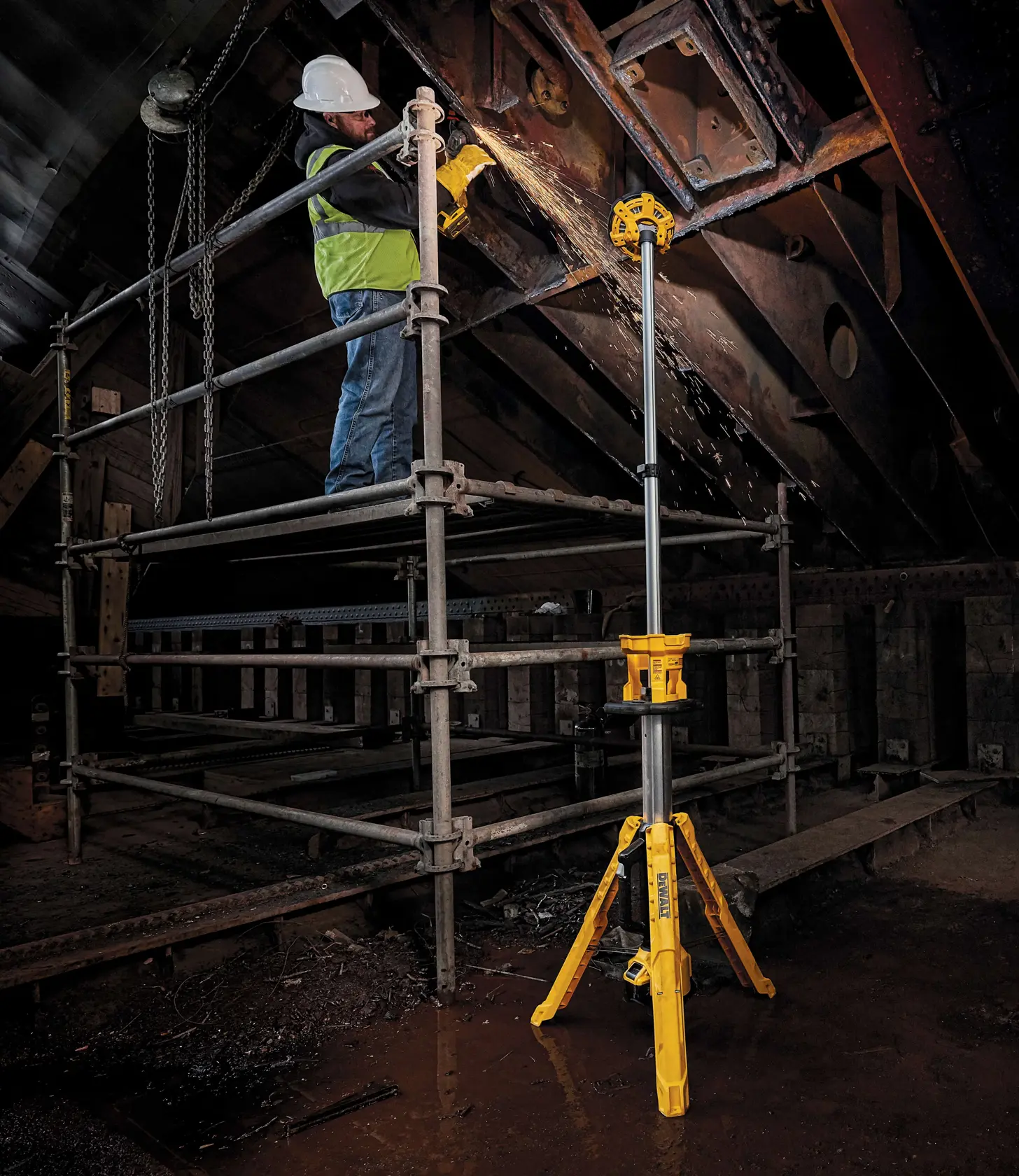close up of cordless tripod light being used by a person