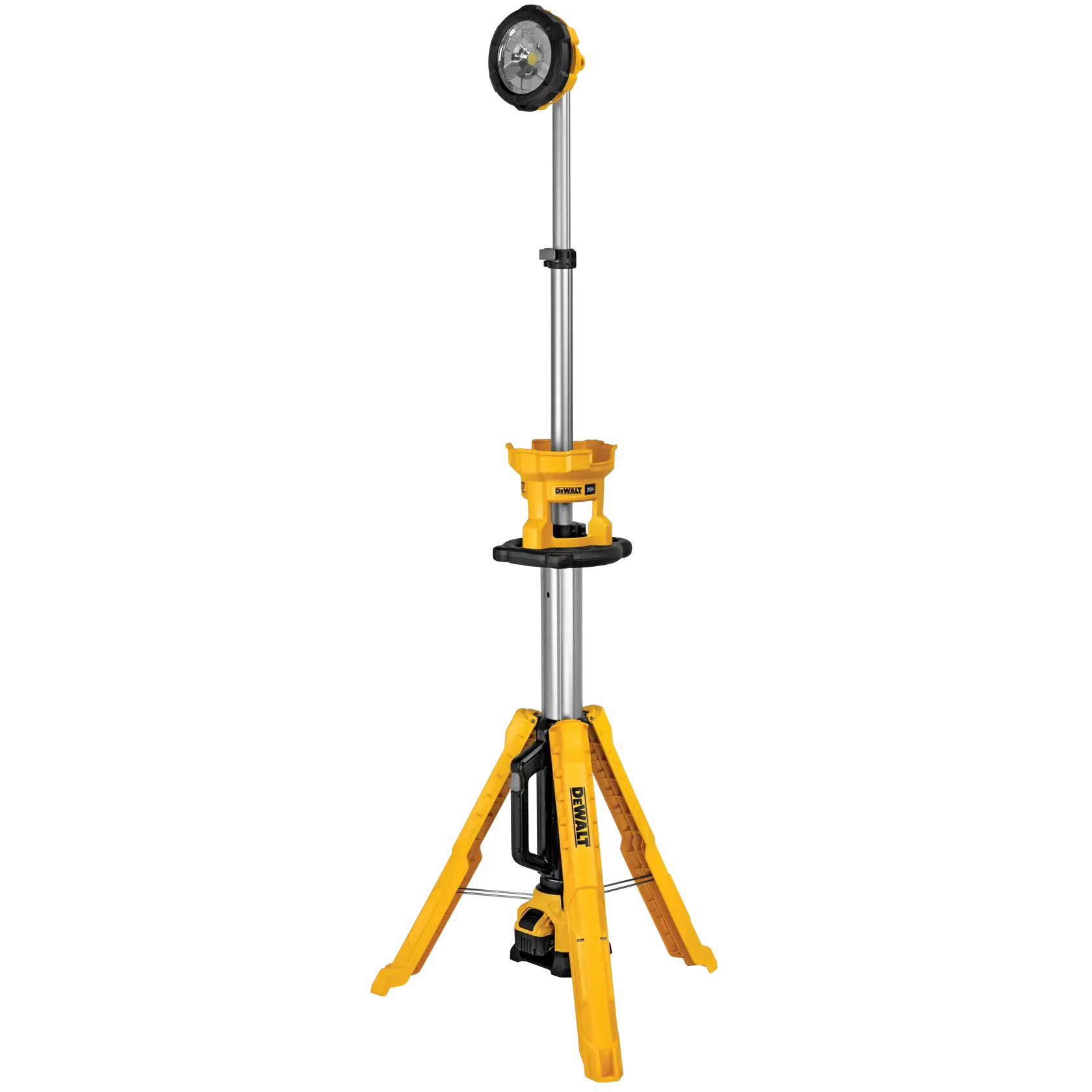A DEWALT portable work light with an extendable tripod stand and adjustable lamp head, designed for use on job sites or photography studios.